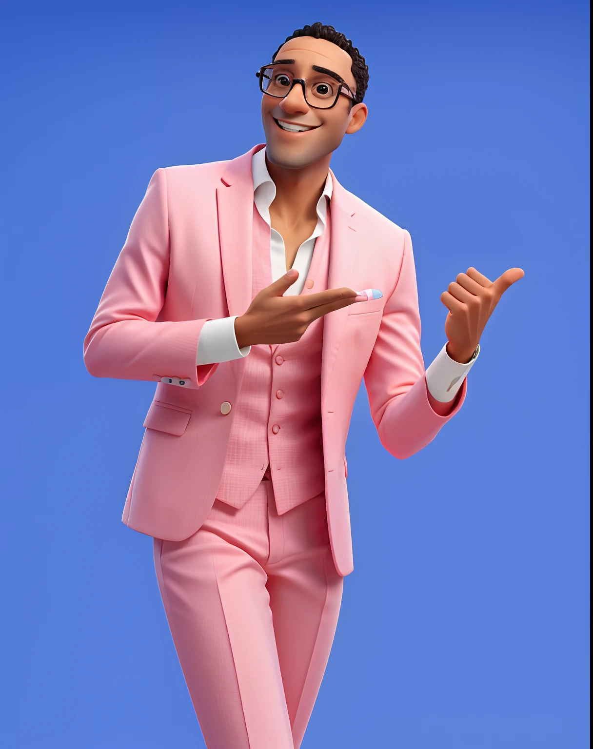 Smiling man in pink suit pointing at something with both hands, vestindo um terno rosa claro, usando um tux rosa, vestindo um terno masculino colorido, terno colorido neon, solid background, vestindo um terno azul claro, foto promocional, cara usando o terno roxo fantasia, Imagem promocional, photo shoot, advertising photo, imagem promocional, wearing white suit and glasses