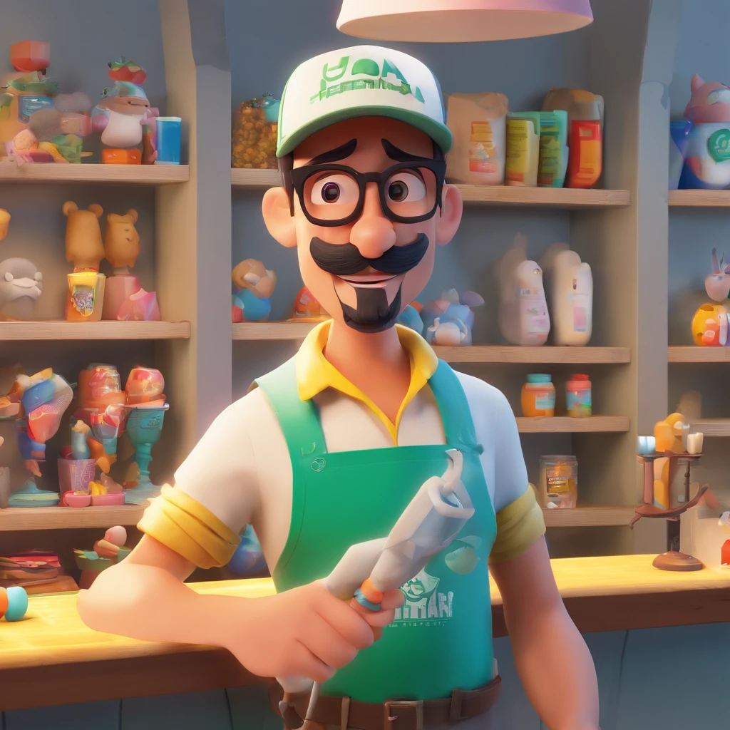 create a 3D movie poster inspired by Disney Pixar, A cena deve ser no uma barbearia da Pixar, With a cartoon image young man with glasses mustache is goatee wearing cap in prone position, Usando roupas pretas com um w branco na parede da barbearia