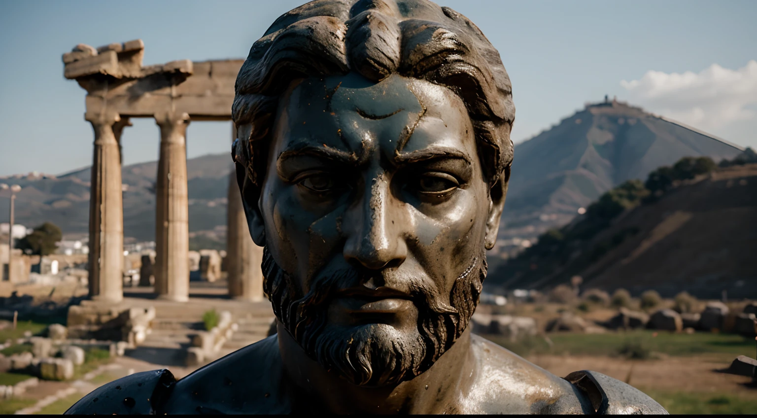 Ancient Stoic Statue With Very Angry Expression, tem barba, muitos detalhes em ambos os olhos, Outside, fundo atenas grego, open sky, com rosto extremamente detalhado full body view, Colors with low saturation with dark tone, Filmado em Sony A7S III com Sony FE 35mm f/1.8, 12.1 MP, --AR 3:2 --estilo cru