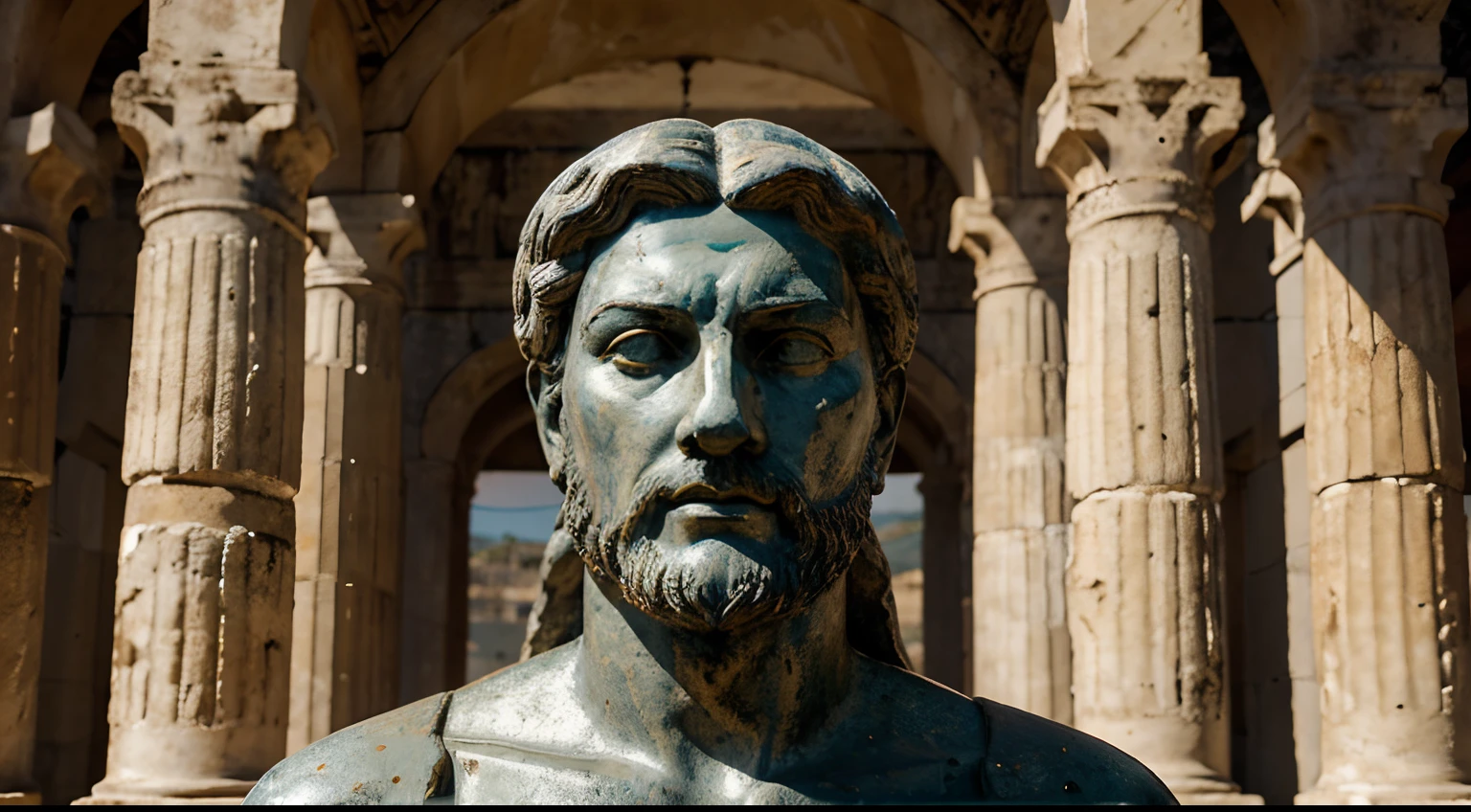 Ancient Stoic Statue With Very Angry Expression, tem barba, muitos detalhes em ambos os olhos, Outside, fundo atenas grego, open sky, com rosto extremamente detalhado full body view, Colors with low saturation with dark tone, Filmado em Sony A7S III com Sony FE 35mm f/1.8, 12.1 MP, --AR 3:2 --estilo cru