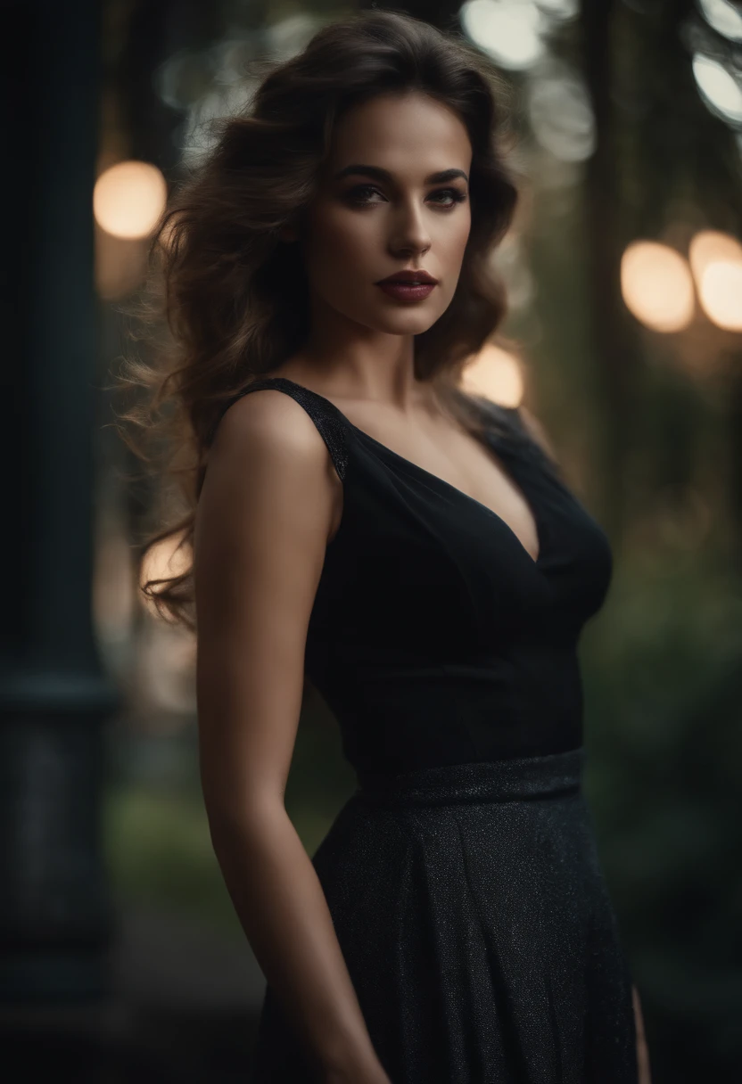 ((Realistic lighting, Best quality, 8K, Masterpiece: 1.3)), Clear focus: 1.2, 1girl, Perfect body beauty: 1.4, Slim abs: 1.1, ((dark brown hair, Big breasts: 1.3)), (Black Skirt: 1.4), (Outdoor, night: 1.1), City streets, Super fine face, fine eyes, double eyelids,