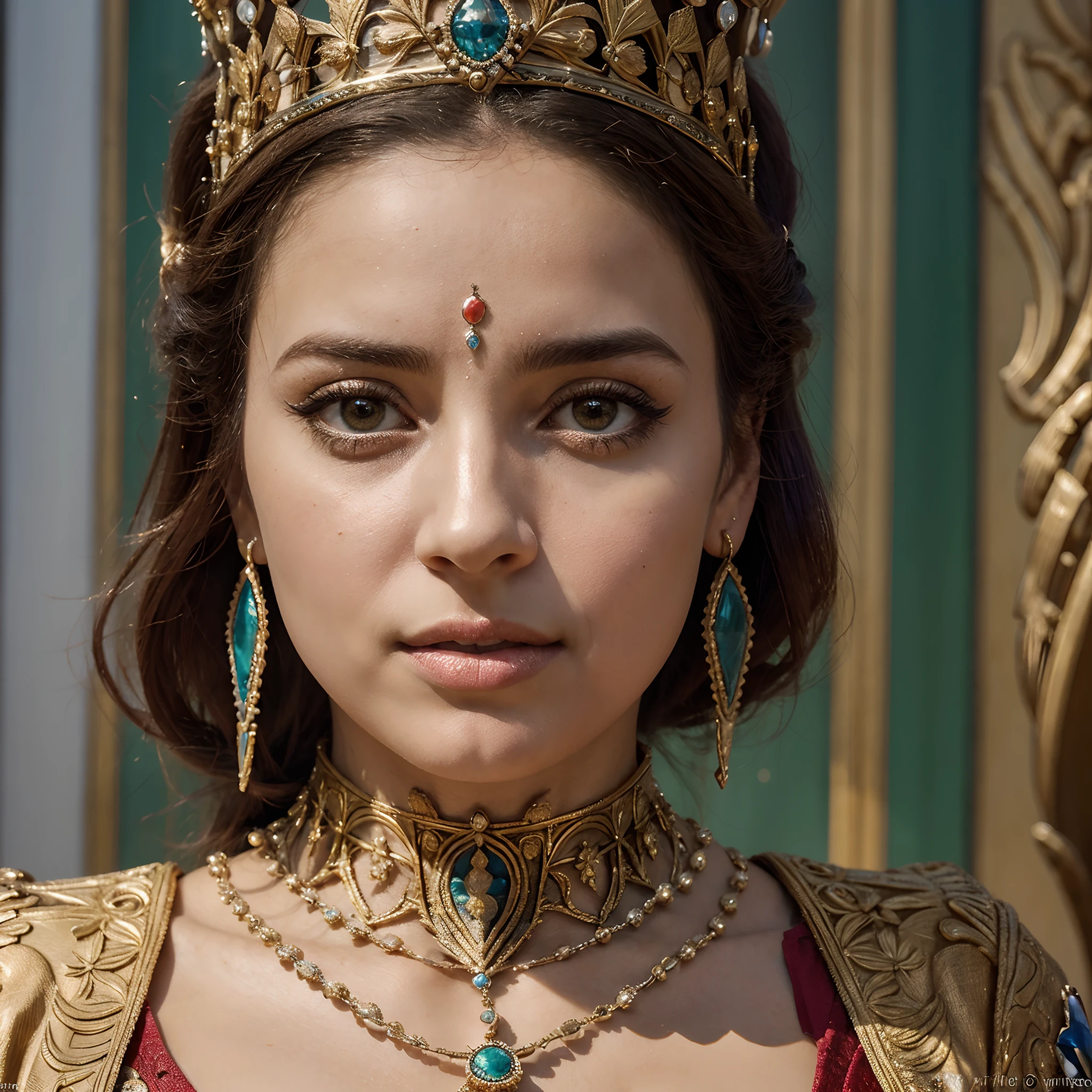 Develop an extremely realistic artistic depiction of Queen Esther, uma mulher jovem, graciosa e nobre, as described in the Bible. Destaque seus olhos expressivos e penetrantes, that reflect wisdom and determination. Vista-a com trajes majestosos e ornamentados, referring to its actual position and influence. The facial expression should convey confidence and an aura of dignity. Utilize vibrant colors and meticulous details to capture the beauty and inner strength that are iconic features of Queen Esther. Consider including symbolic elements that represent your courage and historical importance, como a coroa, The Scepter and References to His Jewish Origin.