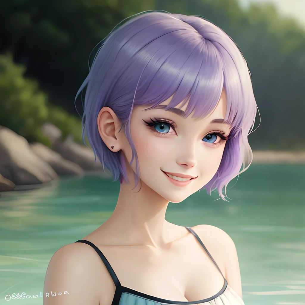 Young woman with wolfcut lavender short hair, her eyes looks like the one of a siren, they are light blue and her sclera is white. She looks like a singer or an idole, but she also looks like someone kind and caring, a pure beauty in a anime style. She also likes to smile alot.
