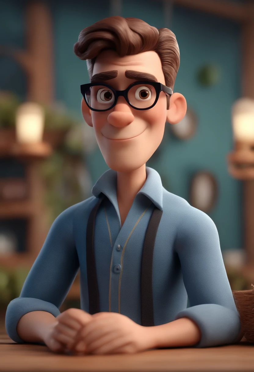 Cartoon character of a man with black glasses and a blue shirt, animation character, Caractere estilizado, animation style rendering, 3D estilizado, Arnold Maya render, 3 d render stylized, toon render keyshot, Personagem 3D, Personagem 3D, 3d rendering stylized, 3 d character render, personagem de desenho animado, Personagem de close up, Pose de personagem, (Estilo Pixar) (master part:1.2) (Bokeh) (best quality) (pele detalhada) (textura detalhada) (8k) (argila) (Cinematic lighting) (foco nítido
