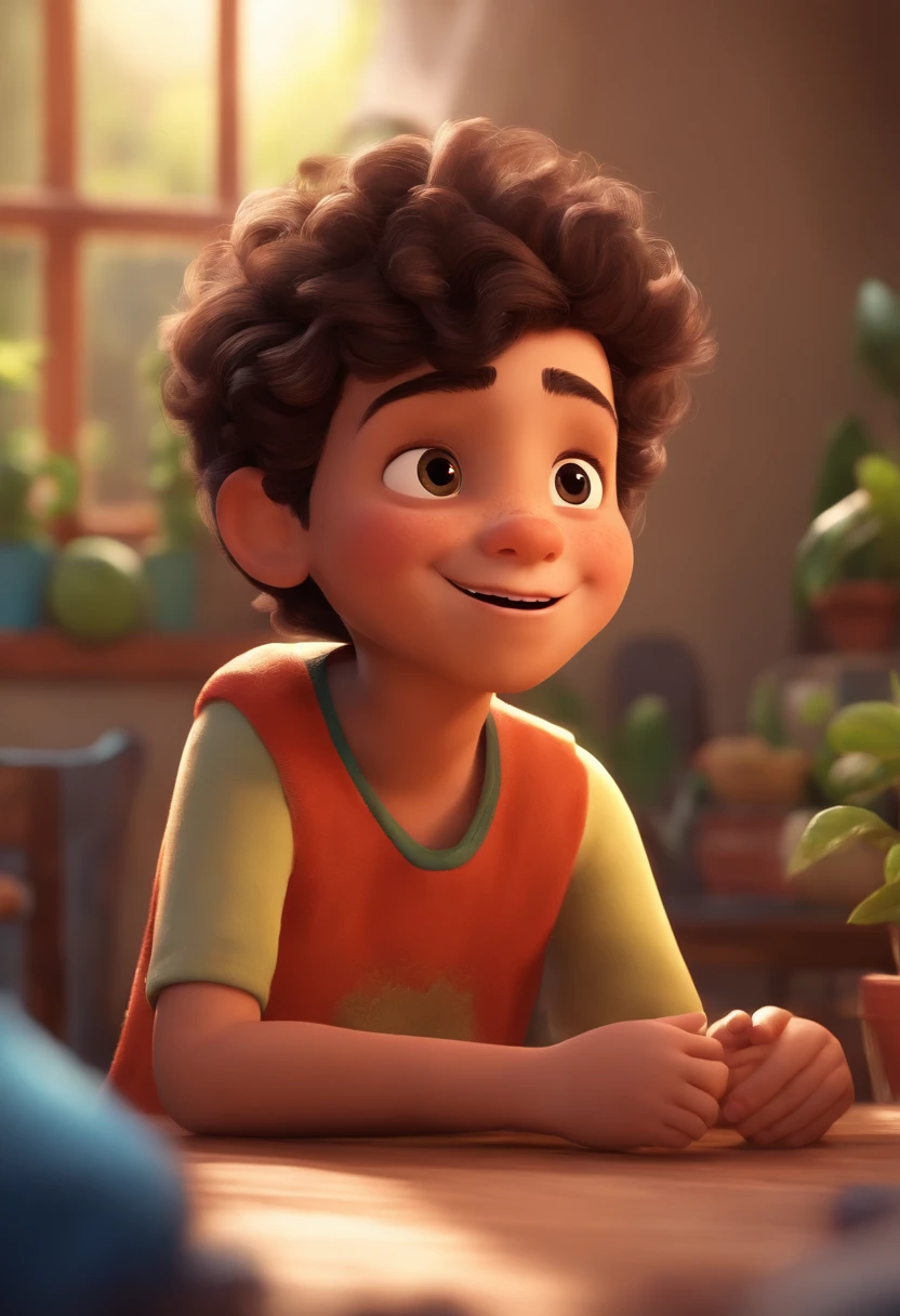 Image of a boy for a story in a YouTube video in Pixar format, He's the allabester, He's the class leader, He's outgoing, Playful and gets up for a lot of things, cabelo curto