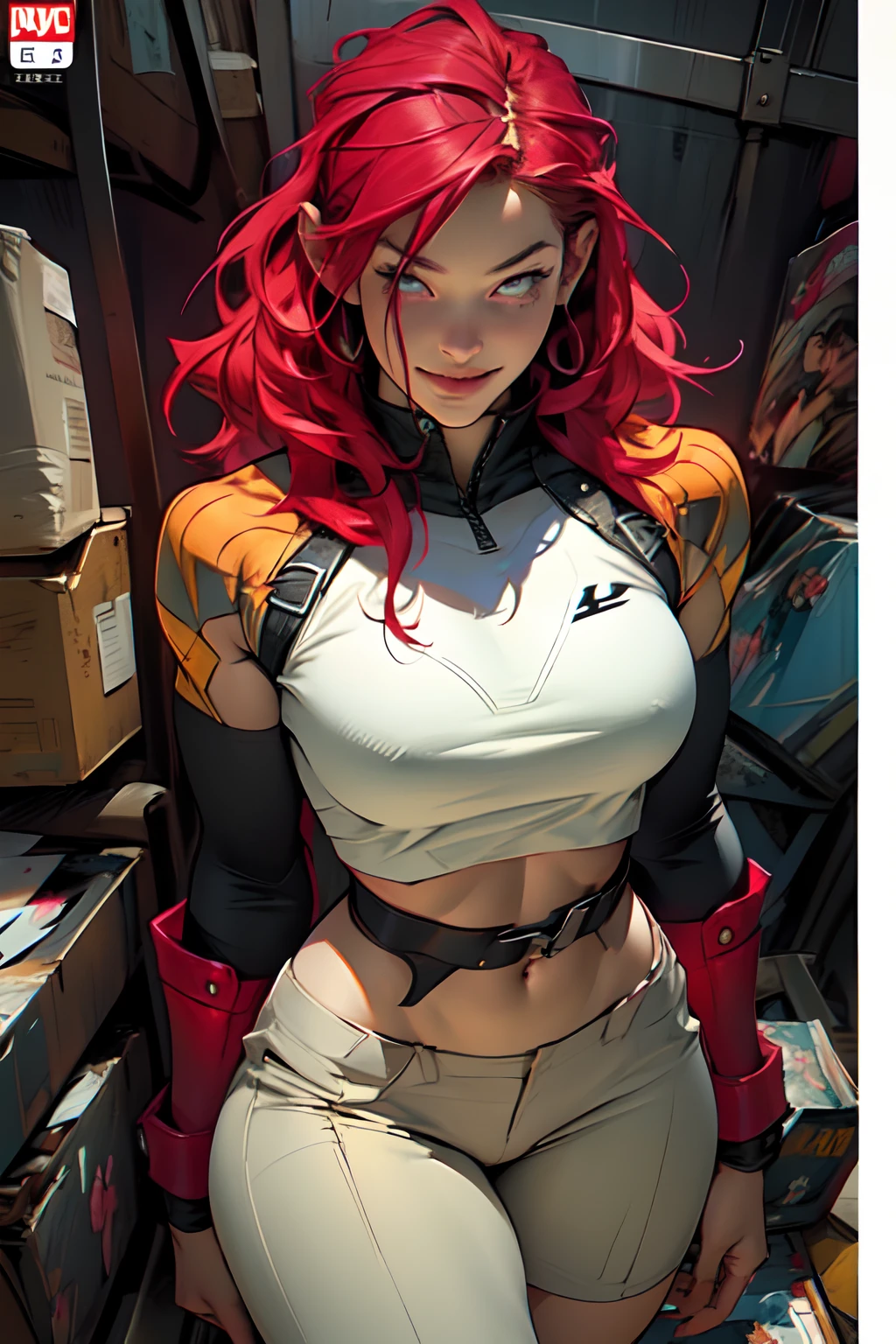 ((Simon Bisley)), Beautiful full-bodied woman, 30 years old, muscular and perfect body, ((Best quality)), ((masterpiece)), ((realistic)), ((beautiful female model)), (arrogant:1.4), (badass:1.4), (image comic cover:1.4) - Against a vibrant crimson background, the beautiful female model takes center stage on the comic cover. With piercing eyes that shift between fiery red and gold, she exudes arrogance, wildness, and apathy. Her muscular body, ripped physique, and perfect muscular long legs are showcased in a badass modern costume. Accentuated by a thin waist, muscular thighs, huge hips, and muscular arms, she stands as a symbol of power and dominance. on eye level, scenic, masterpiece, Thick body,((Sexual suggestiveness)),Seductive smile,high-heels, (naughty smile:1.1), wide hips, thin waist, , sex slave, imge comics, comic book cover, (Balc shirtletter S red:1.1)