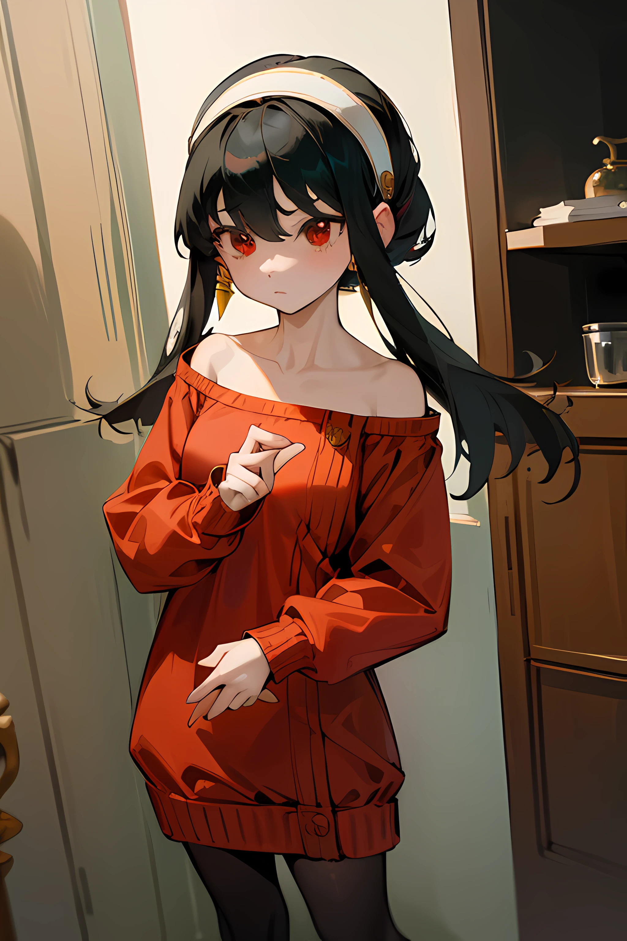 1girl, cute, ((, flat chested, cute, loli, petite)), masterpiece, best quality, highres, bbyorf, short hair with long locks, white hairband, red eyes,black hair,gold earrings, large breasts, jewelry, off shoulder, red sweater, sweater dress, long sleeves, black pantyhose, standing