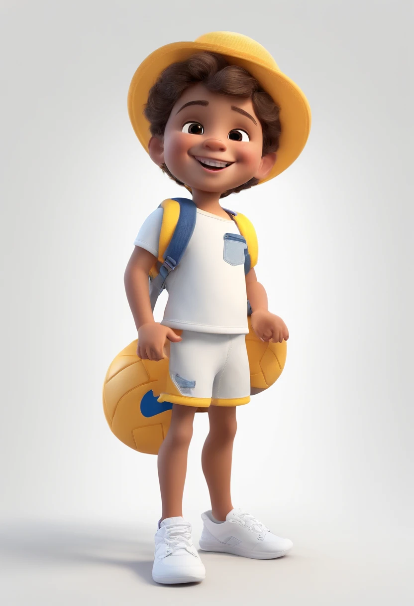 a happy cute ??? standing medium hair, vestindo uma roupa amarela com detalhes branco, shorts branco, fundo branco, barnet, tom, Estilo Pixar, ..3d, desenhos animados, rosto detalhado, asymmetrical 16k