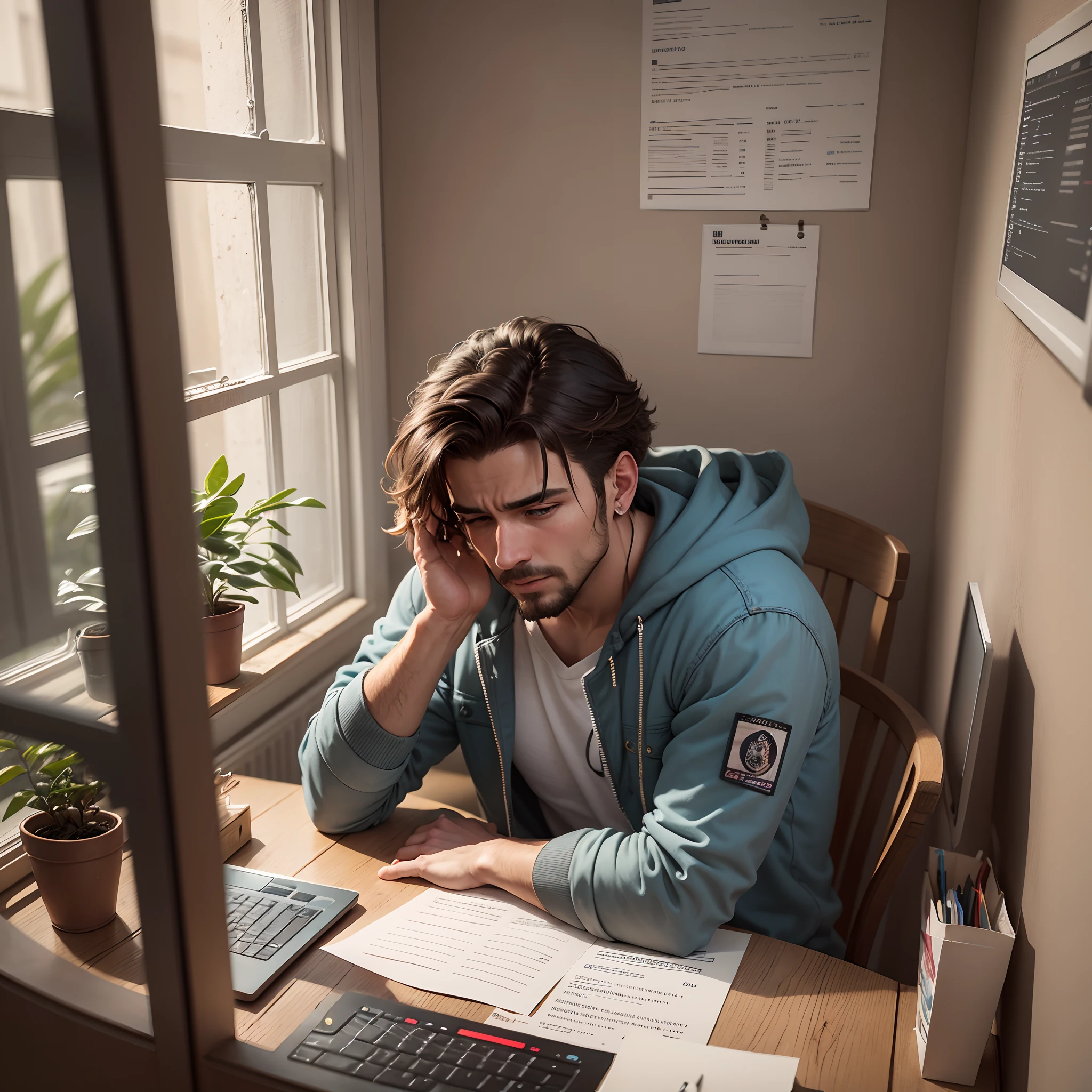 un hombre en un escritorio cansado frente a un pc, casi moribundo, HD, 4k, la mejor calidad, obra maestra, Epic realistic, muchos detalles, cansado, derrotado, triste, stress, mal humor, 30 years old, despeinado --auto --s2