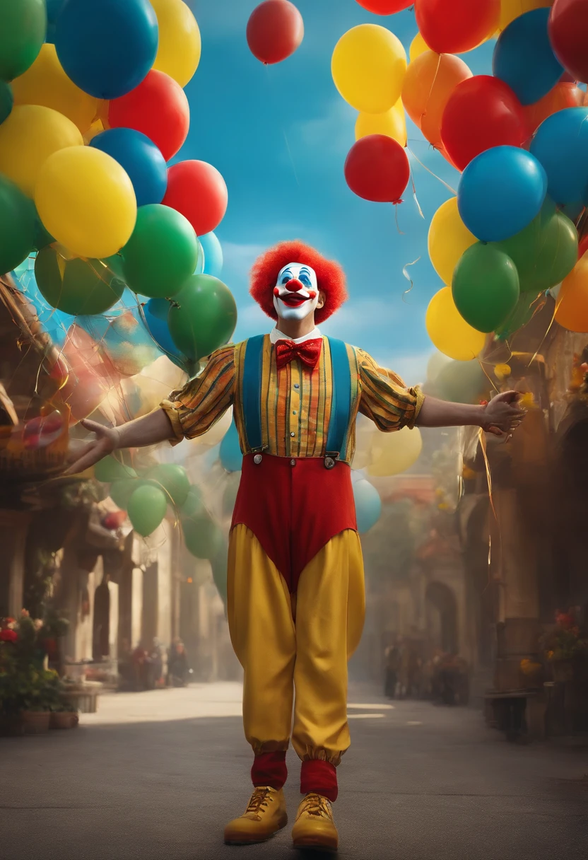 A Disney Pixar style clown with high quality best quality with yellow hat blue hair green shirt yellow pants Red shoes holding balloons in hands