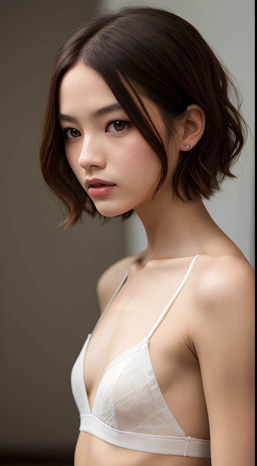 close-up, masterpiece, top quality, full anatomy, raw photo, photorealism, face, incredibly ridiculous, beautiful girl, cute, short hair, white underwear, depth of field, high resolution, ultra detail, fine detail, highly detailed, highly detailed eyes and face, sharp pupils, realistic pupils, sharp focus, cinematic lighting, flat breasts, small breasts, small, ( small bust: 1.2), small bust, (slim, small, flat, small), slender, delicate and sexy collarbones, ((nsfw:0.9))