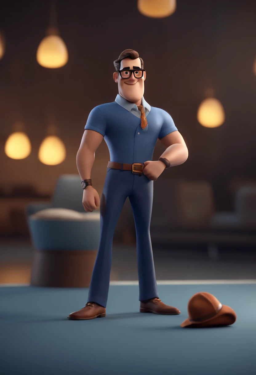 Cartoon character of a man with black glasses and a blue shirt, animation character, Caractere estilizado, animation style rendering, 3D estilizado, Arnold Maya render, 3 d render stylized, toon render keyshot, Personagem 3D, Personagem 3D, 3d rendering stylized, 3 d character render, personagem de desenho animado, Personagem de close up, Pose de personagem, (Estilo Pixar) (master part:1.2) (Bokeh) (best quality) (pele detalhada) (textura detalhada) (8k) (argila) (Cinematic lighting) (foco nítido
