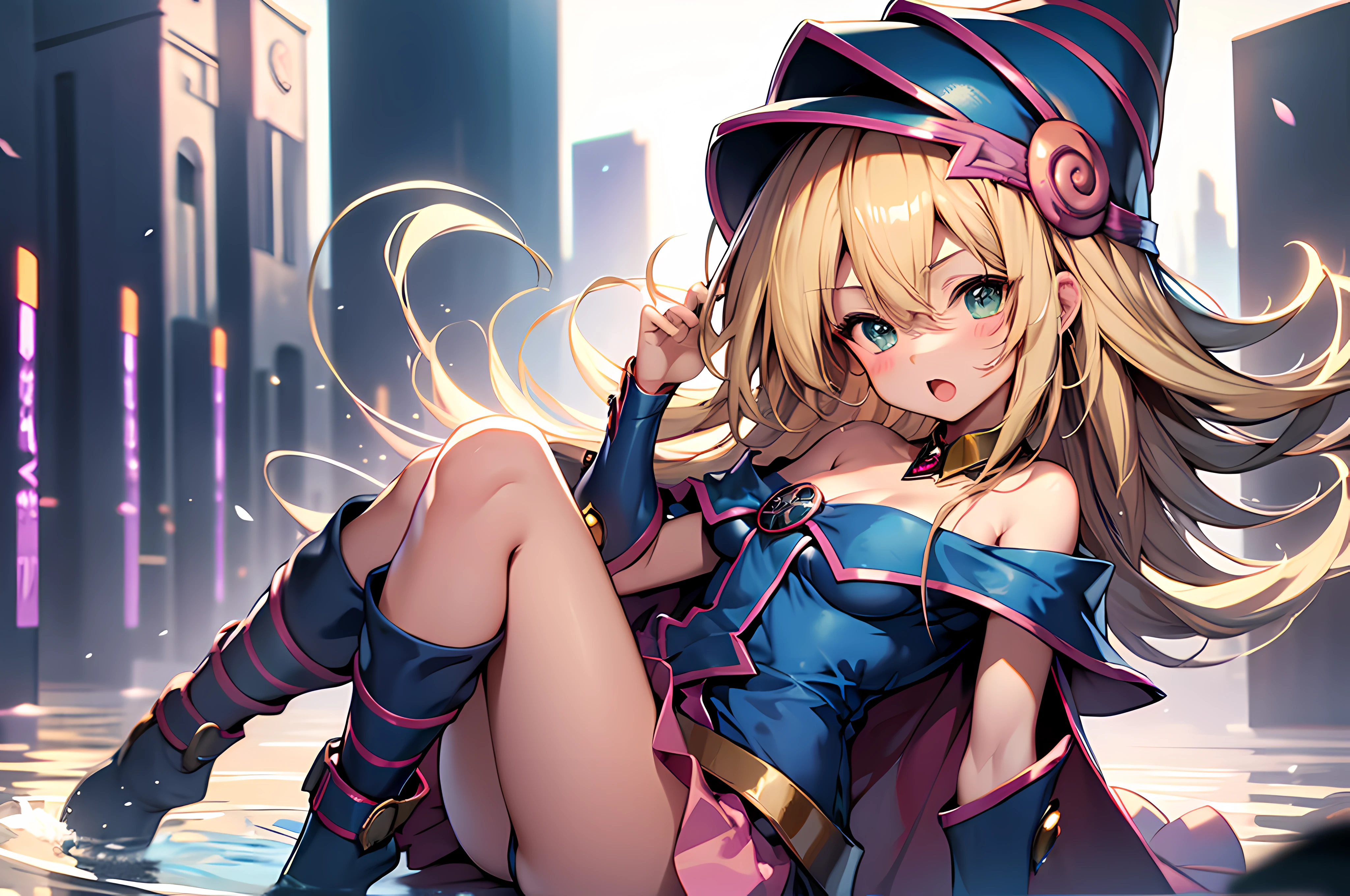 1girl, cute, ((, flat chested, cute, loli, petite)), solo,masterpiece, best quality, highres, hmdmg1, wizard hat, blue boots, magician's staff, blush, blush stickers, cleavage, bare shoulders, dress, off shoulder, blonde hair, happy, open mouth, floating, magic and fantasy background, legs up,magic auras, symbols, side view, looking at the viewer, perfect anatomy, perfect hands