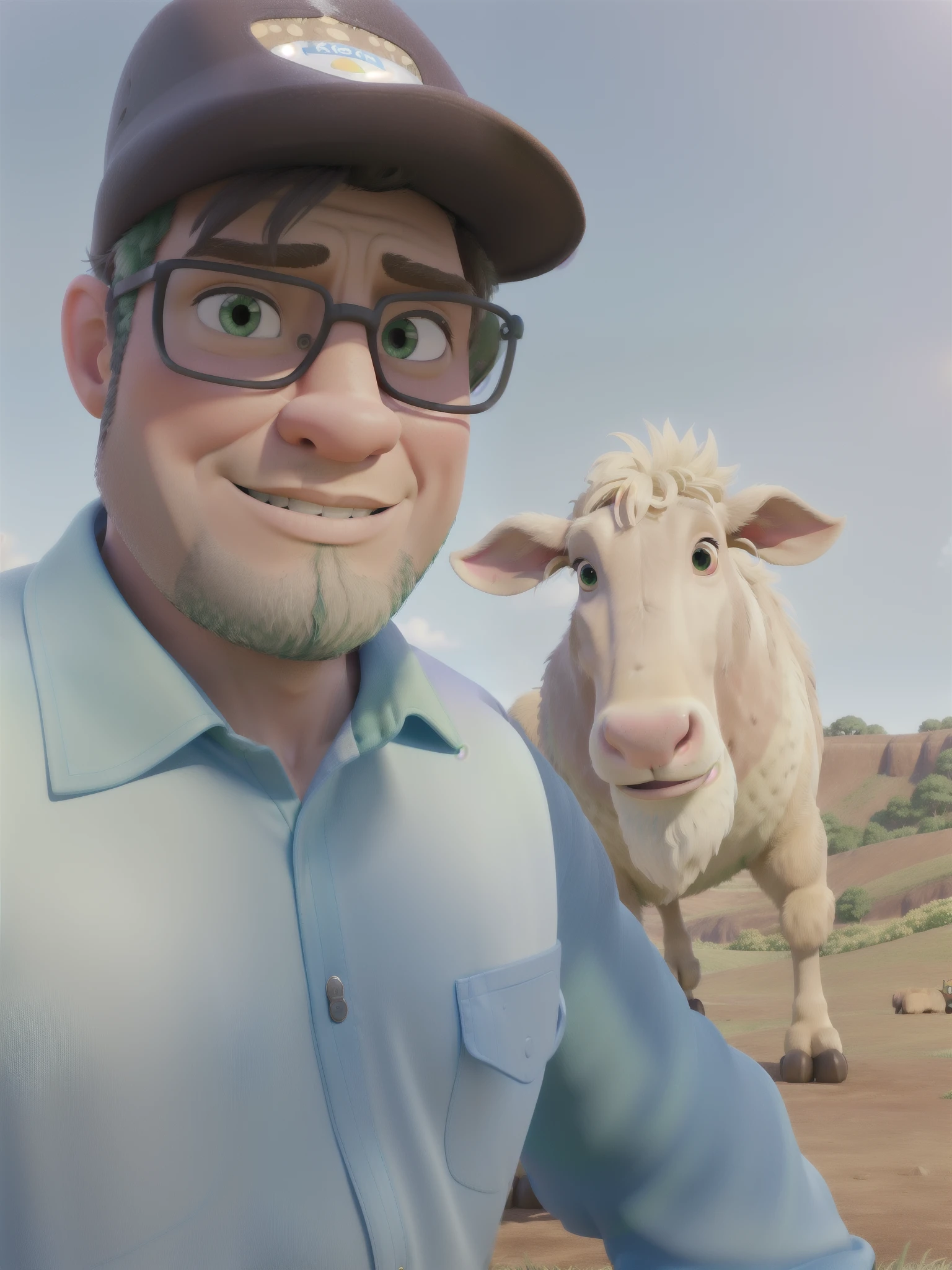 (best quality,highres,masterpiece:1.2),ultra-detailed,realistic,physically-based rendering, Pixar style, a 40-year-old man next to a Nelore ox, vivid colors, studio lighting, landscape, detailed facial features, strong and muscular man, distinguished and confident appearance, relaxed posture, friendly expression, medium: digital art, beautiful countryside background, warm sunlight, clear blue sky, green grass, peaceful atmosphere