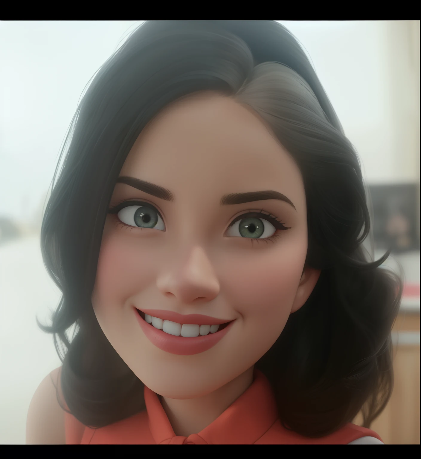 Uma mulher de 30 anos, com cabelos castanhos curtos, Rosto redondo, rosto redondo com sorriso encantador, e olhos castanhos estilo pixar