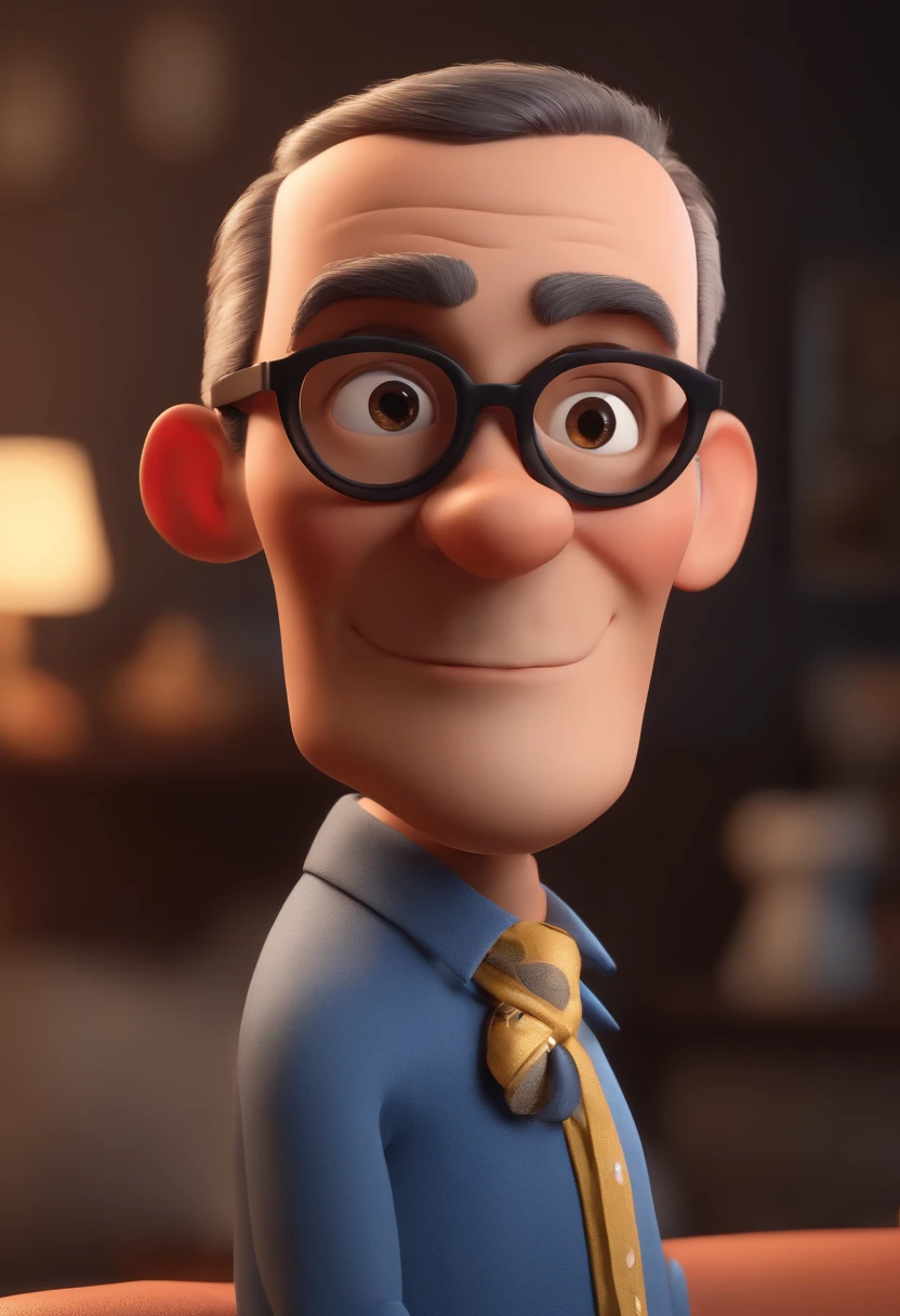 Cartoon character of a man with black glasses and a blue shirt, cABELOS grisalhos, animation character, Caractere estilizado, animation style rendering, 3D estilizado, Arnold Maya render, 3 d render stylized, toon render keyshot, Personagem 3D, Personagem 3D, 3d rendering stylized, 3 d character render, personagem de desenho animado, Personagem de close up, Pose de personagem, (Estilo Pixar) (master part:1.2) (Bokeh) (best quality) (pele detalhada) (textura detalhada) (8k) (argila) (Cinematic lighting) (foco nítido