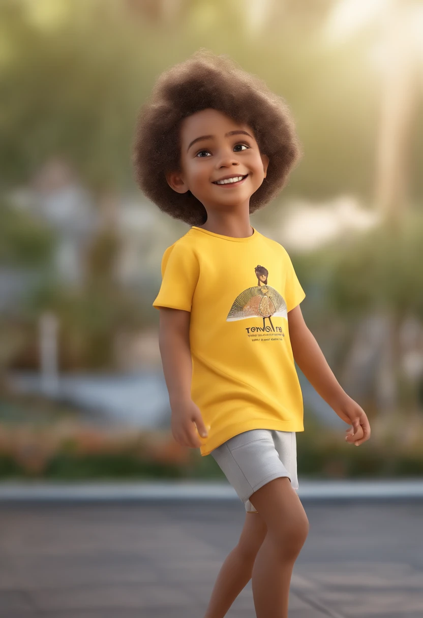 a happy cute  standing medium hair, vestindo uma camiseta amarela com detalhes branco,, fundo branco, barnet, tom, Estilo Pixar, ..3d, desenhos animados, rosto detalhado, asymmetrical 16k