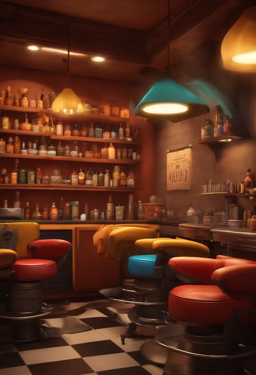 Desenho em estilo 3D da Pixar de barbeiros em barbearia