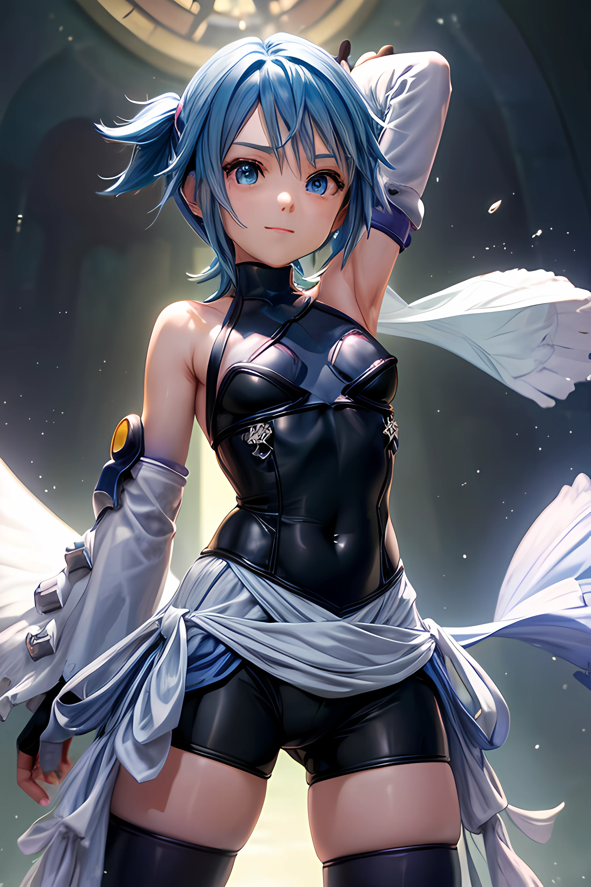 aaaqua,  kawaii, cute, 1girl, ((, flat chested, cute, lolipetite)), absurdres, masterpiece, blue eyes, blue hair, breasts, chest strap, elbow gloves, gloves, highres, (skirt), (kingdom hearts), looking at viewer, transparent water floor, smile, solo, clear sky, open field, empty background, wide sleeves, medium breasts, detatched sleeves, black shorts , fingerless gloves, light background, (thighhighs), standing, frontal view, portrait