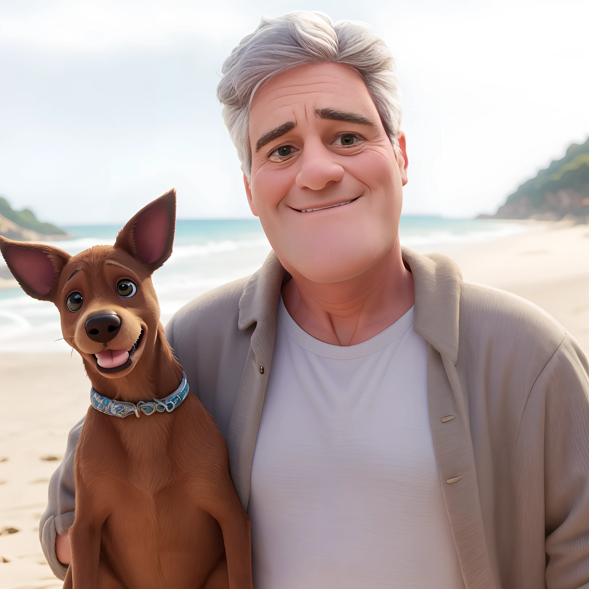 qualidade de imagem do filme，Disney Animation Style,there is a man holding a dog on the beach, Feliz, sorridente,Simon Cowell •, with his hyperactive little dog, BoJack Horseman na vida real, Jeffrey Epstein, John Picacio e Brom, patrick nagle, patrick nagle!!, Jeffery Epstein, directo, jay leno com pele cinzenta, patrick nagle!!!, inspired by Antônio Parreiras, Directed by: Samuel Silva