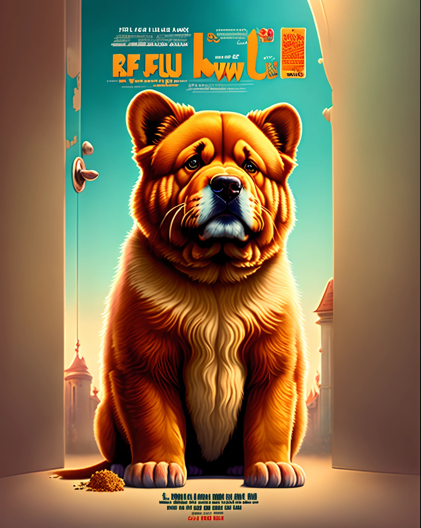 une affiche de films Disney Pixar avec comme titre "Fidji", où on voit un chow chow roux abec un œil en moin.