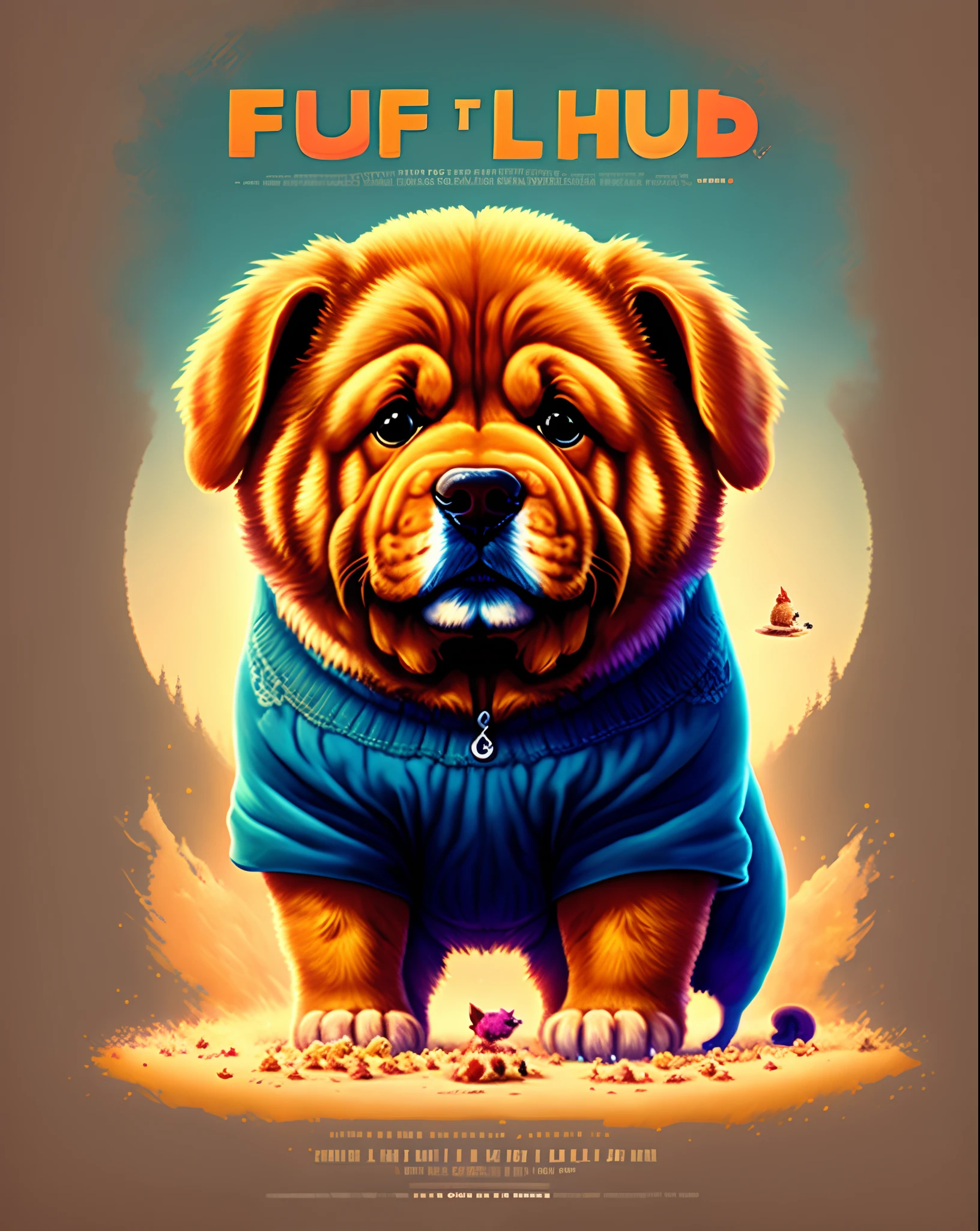 une affiche de films Disney Pixar avec comme titre "Fidji", où on voit un chow chow roux abec un œil en moin.