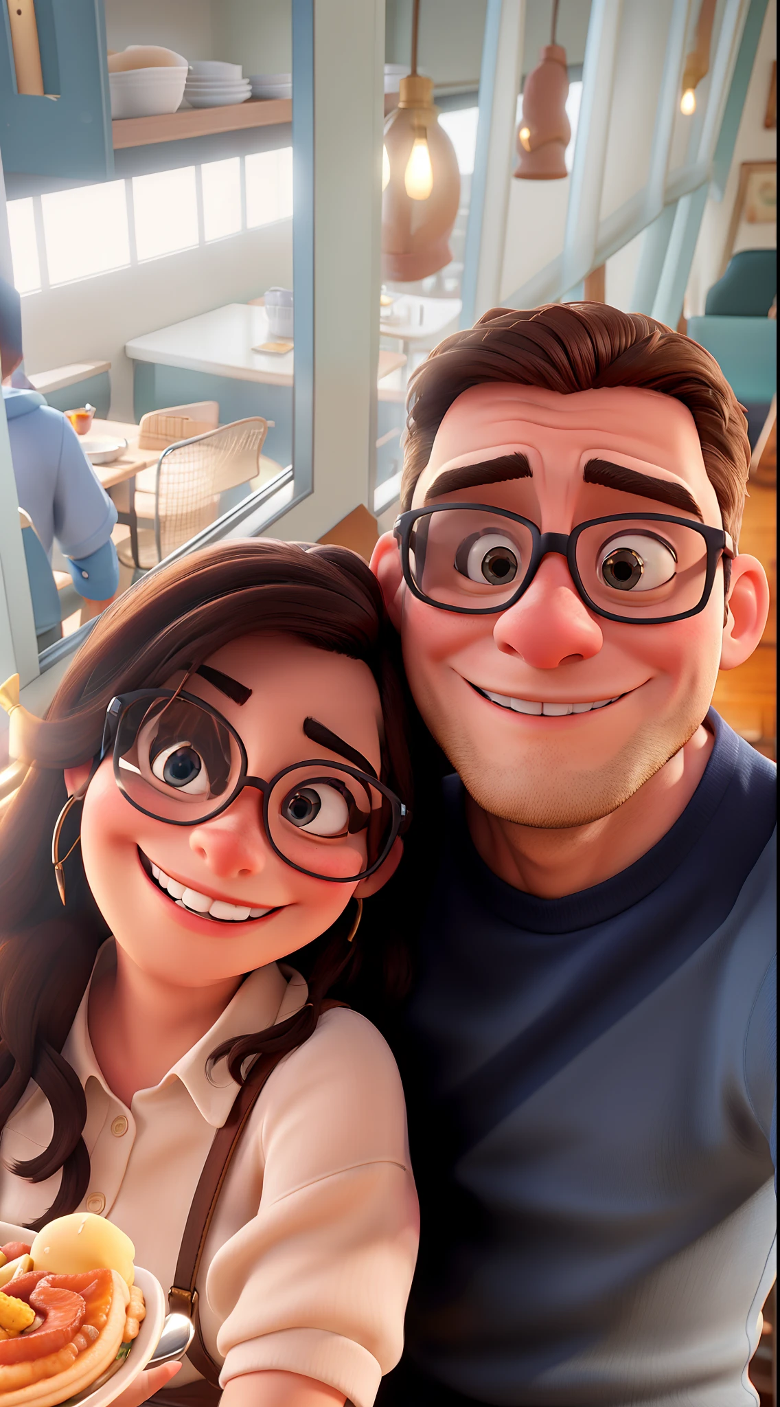 Disney Style Couple With Glasses Smiling In Restaurant.