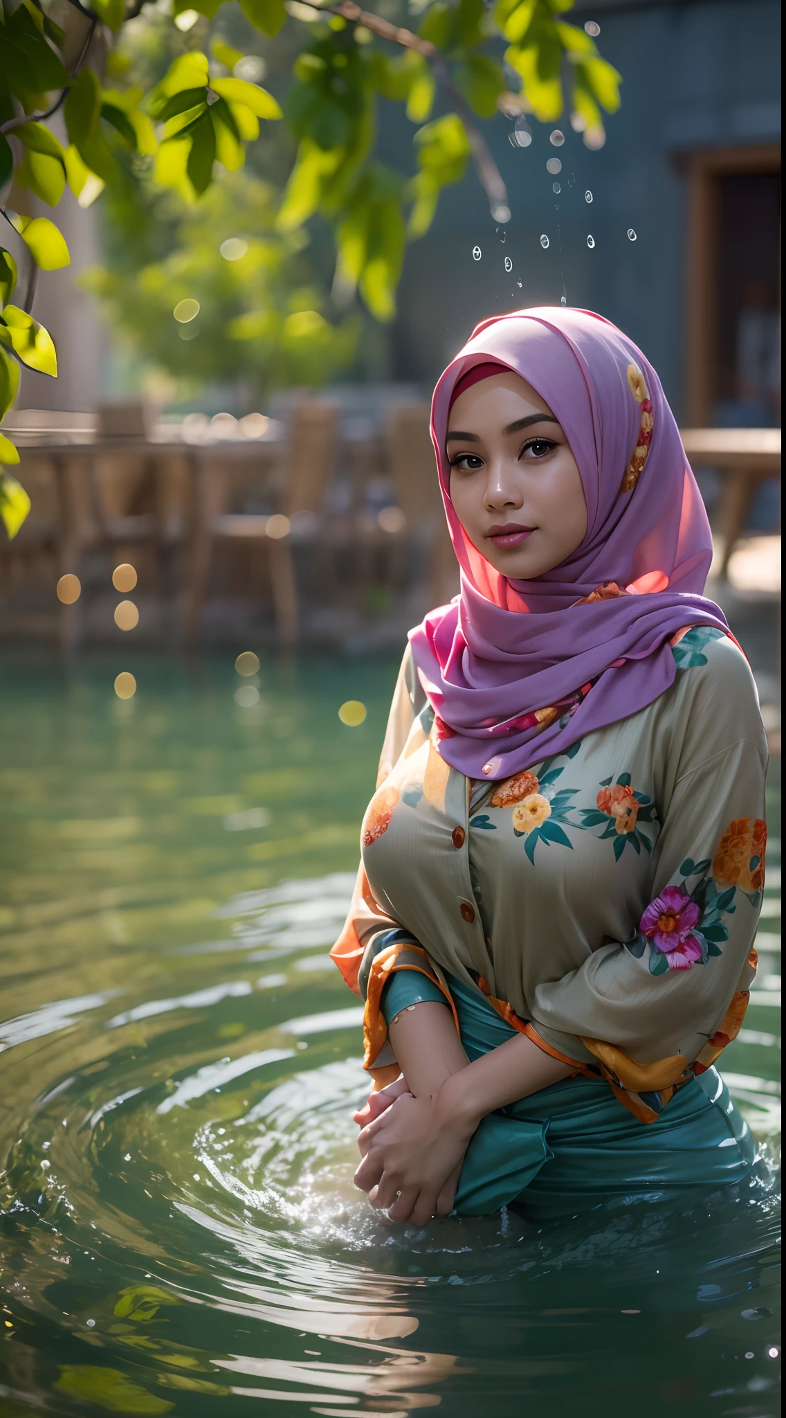 Portrait photography of a beautiful young Malay girl wearing a hijab wearing floral patterned blouse, modest Muslim clothes, wearing cotton pants and off the shoulder cardigan, sunny day, RAW, UHD, 8K, highly detailed face, big breast, stunning eyes, primary colors, colorful, mexican, wide smile, on all fours in water, masterpiece,ultra realistic,32k,extremely detailed CG unity 8k wallpaper, best quality, shapely, clothes clinging,lady ,necklace, ((wet clothes)), wet skin, wet hair, soaked, drenched, in water, all fours