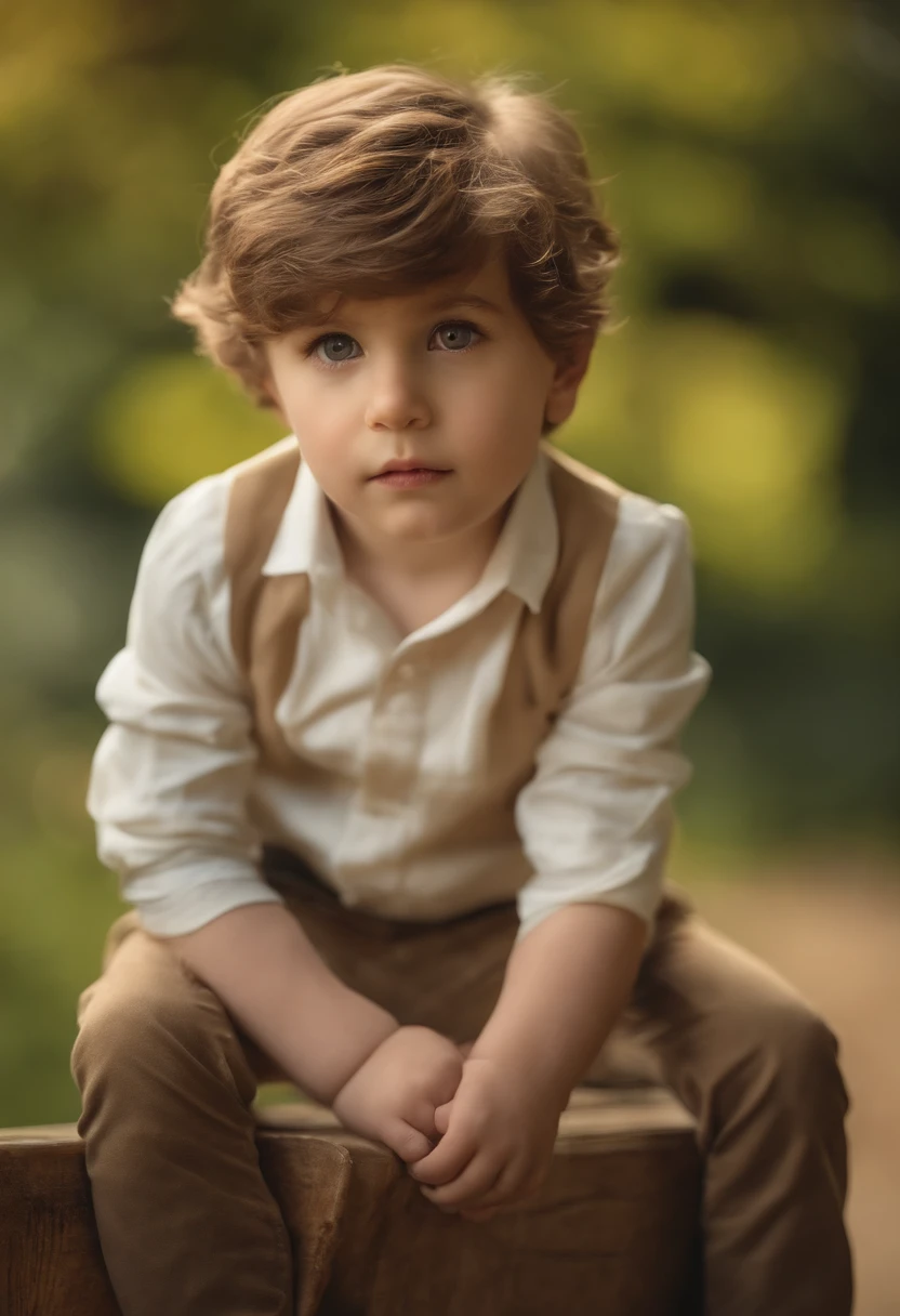Portrait d'un garçon mignon, 5-6 ans, cheveux brun, coupe de cheveux courte avec la raie sur le coté, grands yeux marron foncé, lèvres d'arc potelées, Combinaison jaune clair, réalisme, Aquarelle, 4K, détail élevé