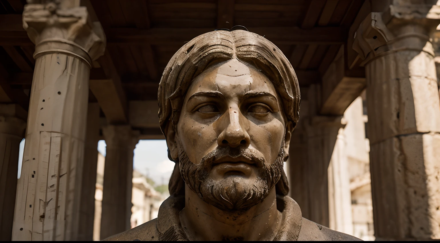 Ancient Stoic Statue With Very Angry Expression, tem barba, muitos detalhes em ambos os olhos, Outside, fundo atenas grego, open sky, com rosto extremamente detalhado full body view, Colors with low saturation with dark tone, Filmado em Sony A7S III com Sony FE 35mm f/1.8, 12.1 MP, --AR 3:2 --estilo cru