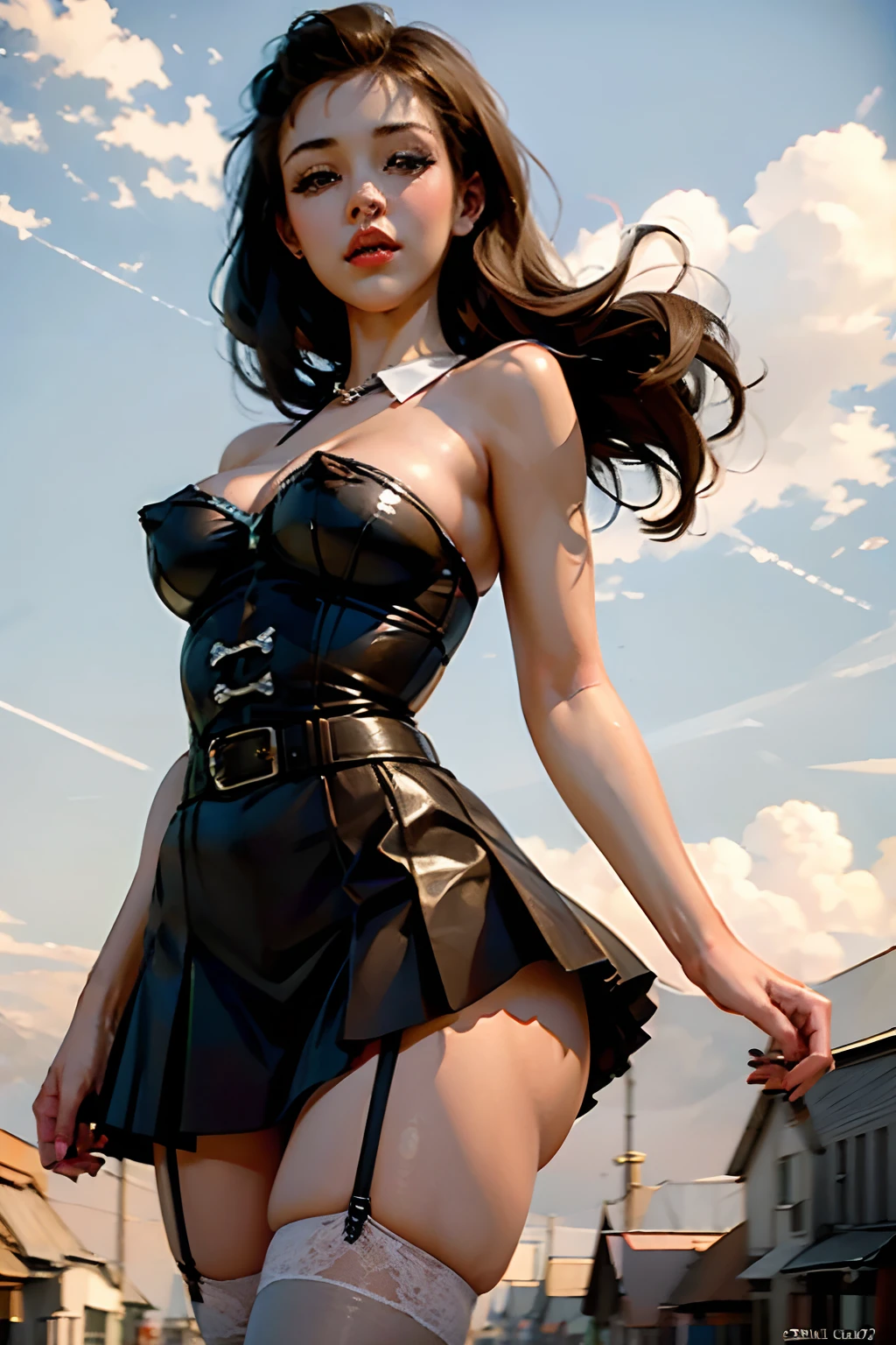 gil elvgren style pin-up, stockings, skirt blowing in wind 1950s, painterly finish