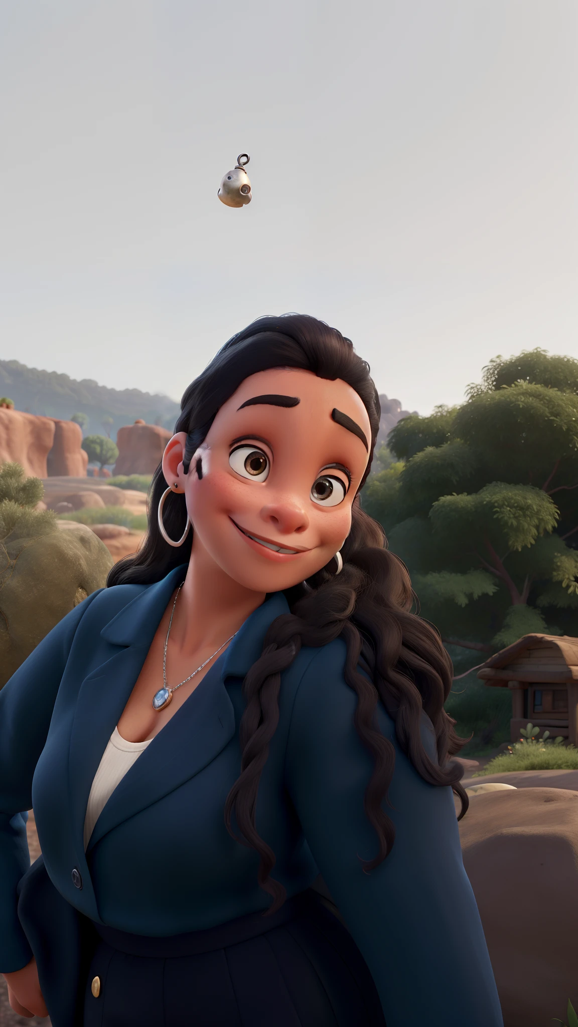 Recreate the image in Disney Pixar animation 3D style, sabendo que a personagem tem a pele negra marrom clara levemente avermelhada, cabelo ondulado longo preso com um rabo de cavalo alto, e a personagem tem baby hair acima da testa, as well as a silver hoop as an earring and a short silver necklace with small pebbles on the chain.