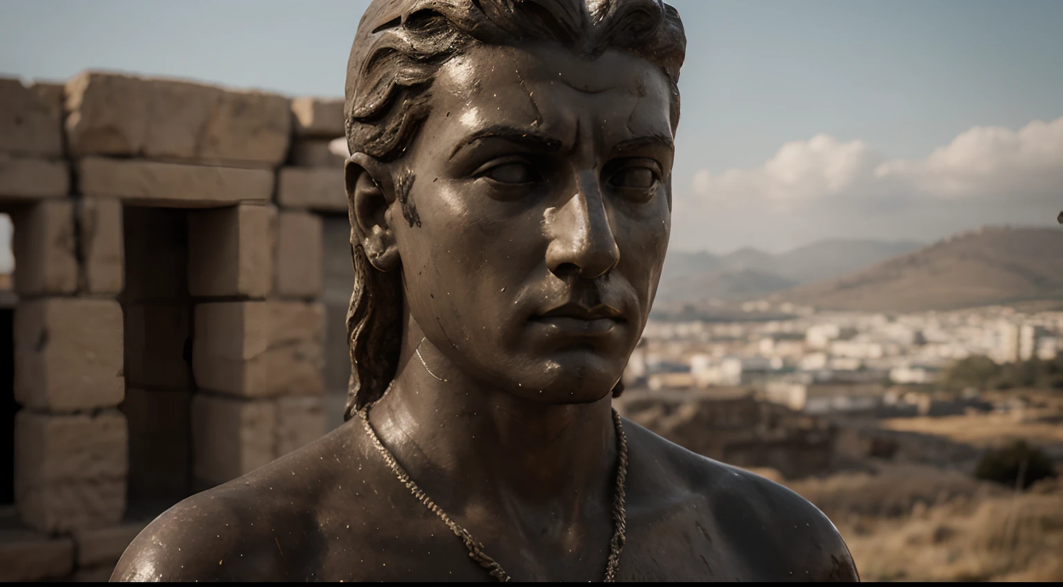 Ancient Stoic Statue With Very Angry Expression, tem barba, muitos detalhes em ambos os olhos, Outside, fundo atenas grego, open sky, com rosto extremamente detalhado full body view, Colors with low saturation with dark tone, Filmado em Sony A7S III com Sony FE 35mm f/1.8, 12.1 MP, --AR 3:2 --estilo cru
