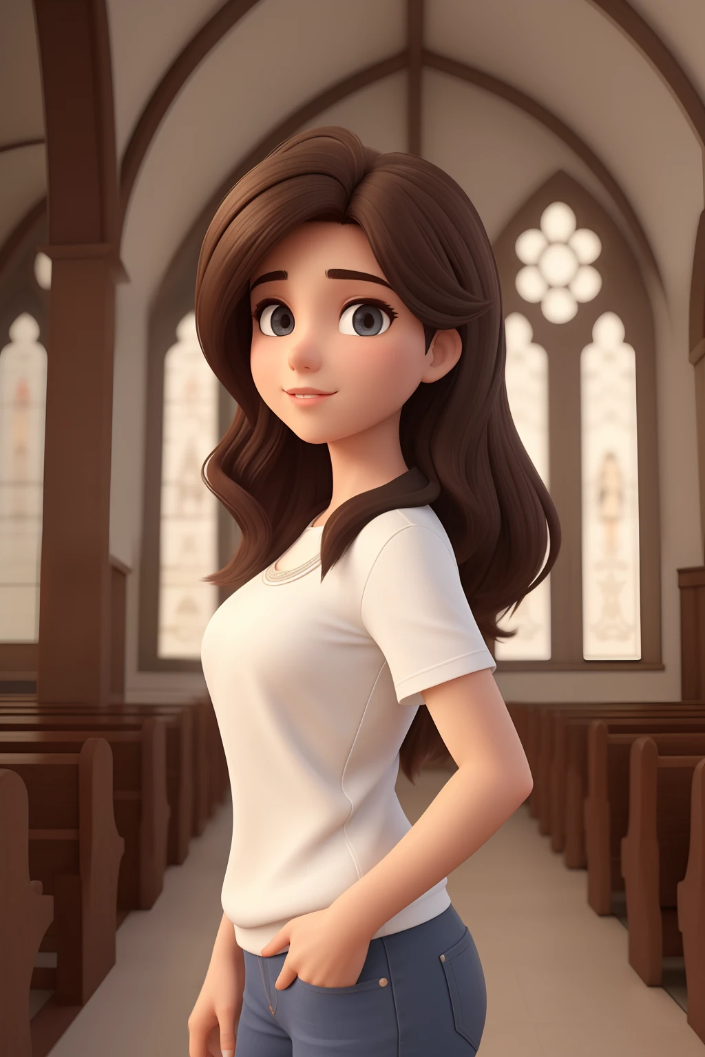 adolescente de 16 anos com longos cabelos castanhos escuros e olhos castanhos, youthful appearance, usando um grampo de cabelo. 3d cartoon with precise proportions. na igreja