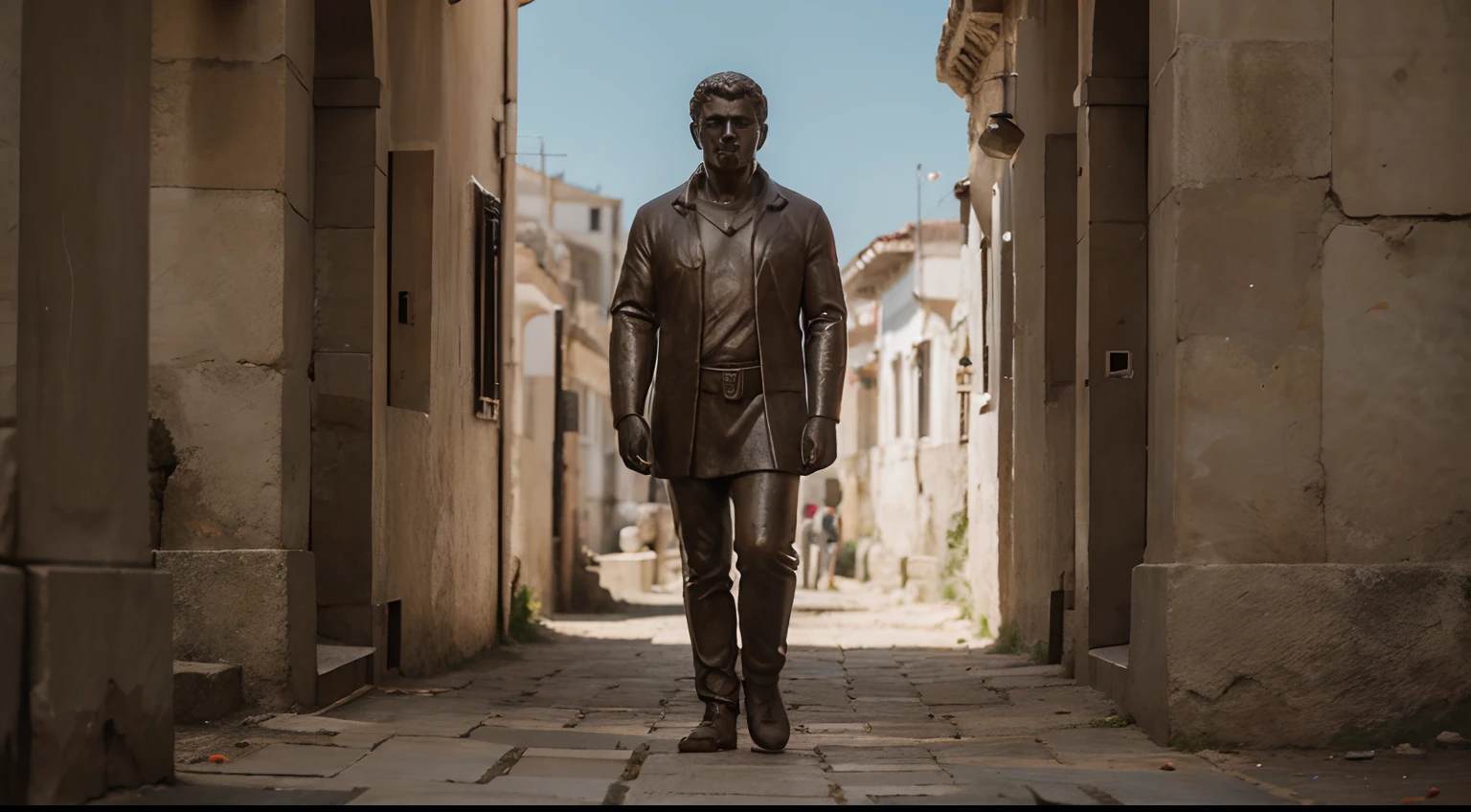 Ancient Stoic Statue With Very Angry Expression, tem barba, muitos detalhes em ambos os olhos, Outside, fundo atenas grego, open sky, com rosto extremamente detalhado full body view, Colors with low saturation with dark tone, Filmado em Sony A7S III com Sony FE 35mm f/1.8, 12.1 MP, --AR 3:2 --estilo cru
