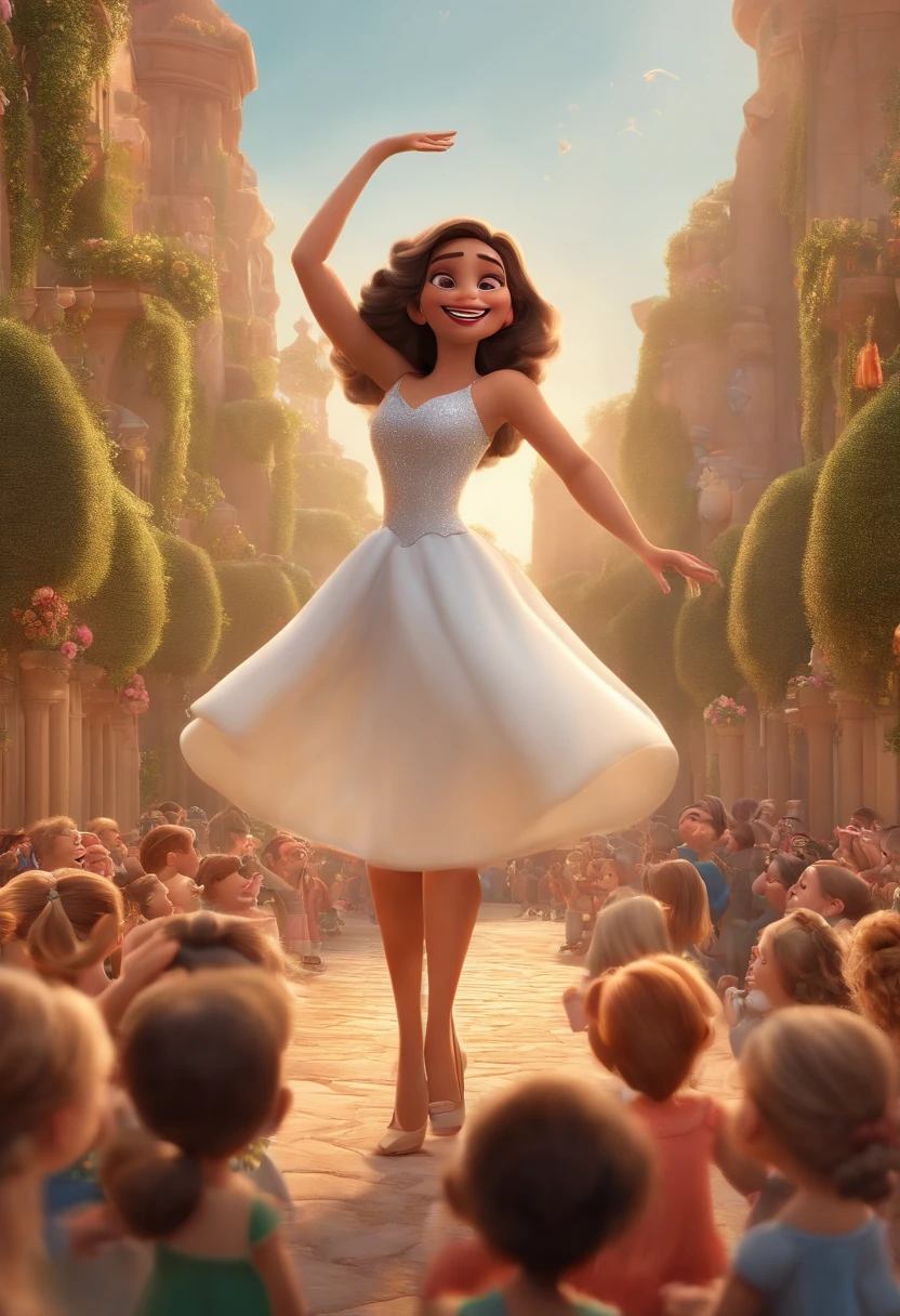 "(best quality,ultra-detalhado,Realistic:1.37),3D rendering,illustration,design de personagens,cabelos curtos e cacheados escuros,belos olhos detalhados,wearing white glasses,Estilo Pixar,morena mulher,Dancing on the Disney stage,atmosfera animada,vivid colors,luzes de palco,expression joyful"