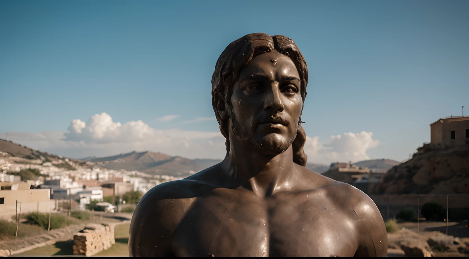 Ancient Stoic Statue With Very Angry Expression, tem barba, muitos detalhes em ambos os olhos, Outside, fundo atenas grego, open sky, com rosto extremamente detalhado full body view, Colors with low saturation with dark tone, Filmado em Sony A7S III com Sony FE 35mm f/1.8, 12.1 MP, --AR 3:2 --estilo cru