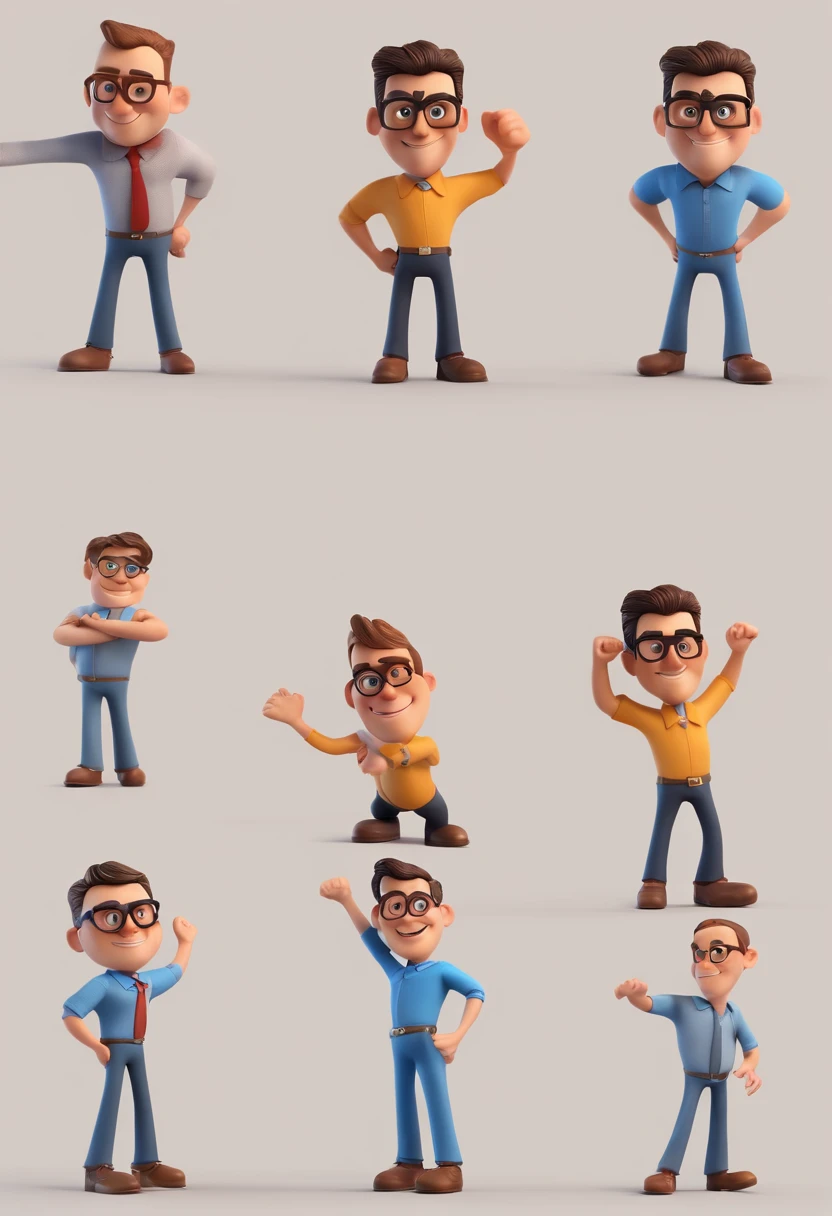 Cartoon character: two men with black glasses and a blue shirt, animation character, Caractere estilizado, animation style rendering, 3D estilizado, Arnold Maya render, 3 d render stylized, toon render keyshot, Personagem 3D, Personagem 3D, 3d rendering stylized, 3 d character render, personagem de desenho animado, Personagem de close up, Pose de personagem, (Estilo Pixar) (master part:1.2) (Bokeh) (best quality) (pele detalhada) (textura detalhada) (8k) (argila) (Cinematic lighting) (foco nítido