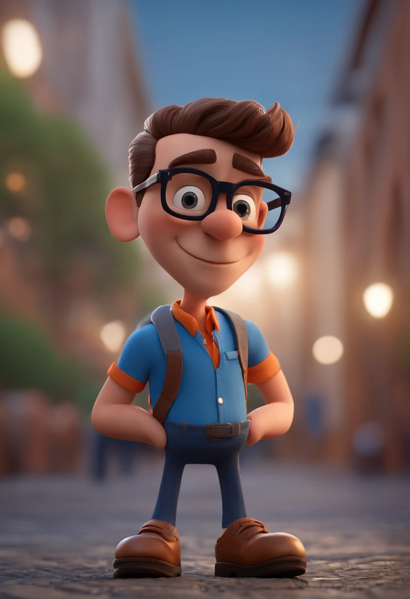 Cartoon character: two men with black glasses and a blue shirt, animation character, Caractere estilizado, animation style rendering, 3D estilizado, Arnold Maya render, 3 d render stylized, toon render keyshot, Personagem 3D, Personagem 3D, 3d rendering stylized, 3 d character render, personagem de desenho animado, Personagem de close up, Pose de personagem, (Estilo Pixar) (master part:1.2) (Bokeh) (best quality) (pele detalhada) (textura detalhada) (8k) (argila) (Cinematic lighting) (foco nítido