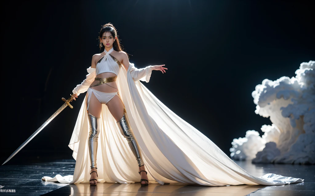 model of fashion show，Fashion show cupcakes， Weapons fashion show， The sword， halter， holdingweapon， 32K fashion show, Linen cloak, Top quality, Masterpiece:Faust，Fashion model，stage， long whitr hair， ​​clouds， On your stomach， （tmasterpiece，k hd，hyper HD，16k）,clutching a sword， buliding， Reflectors， bloods， Eastern Asia， Weapon focus， Skysky， Fashion show brunette， knifes， trouser， firey， banya， The clothes ar， bandagens， sword sheath，Fashion show masks， 独奏（（（1girl）））