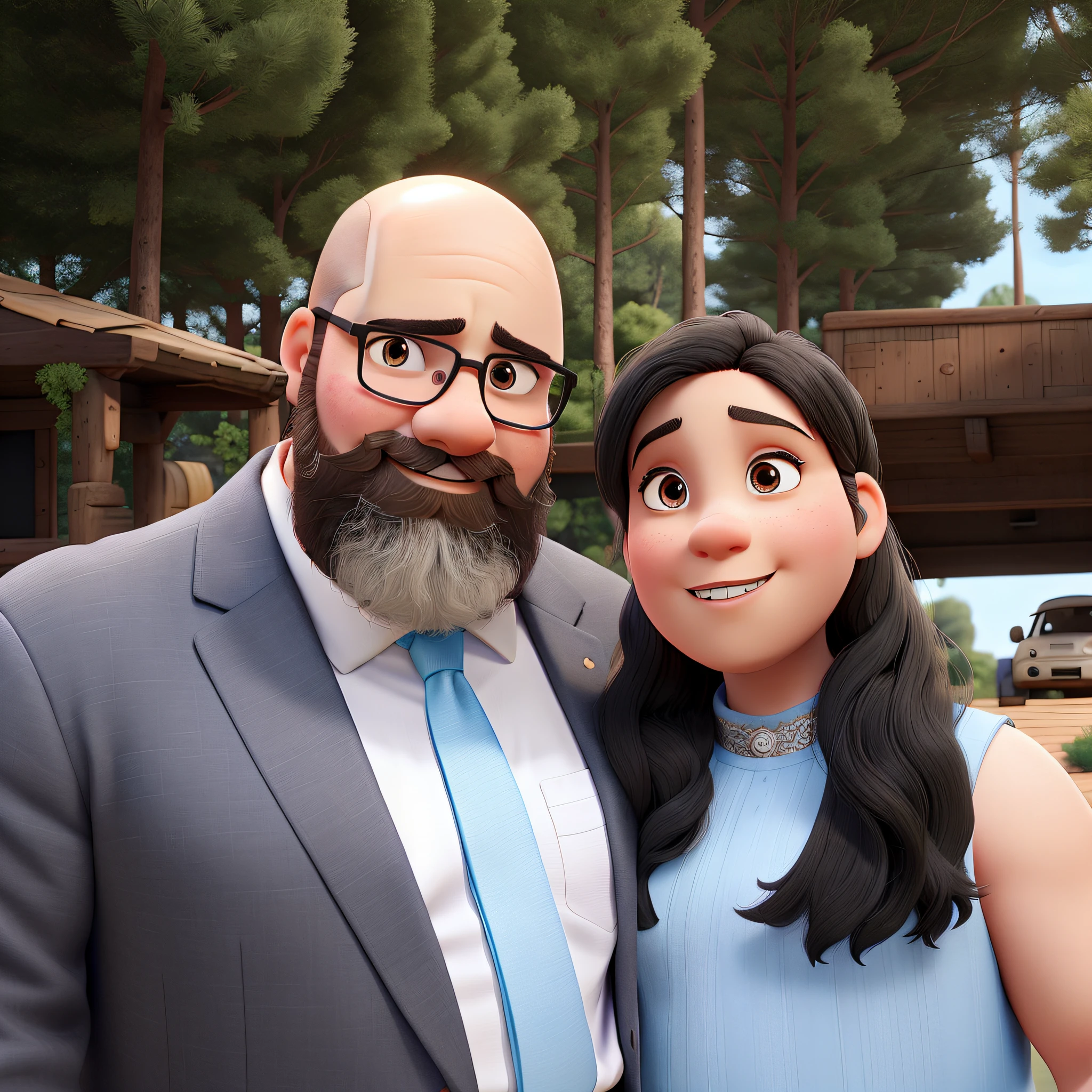a bald fat young man with NO HAIR, a black beard, next to him, a young woman with black medium hair with a baby blue dress, in disney pixar style, best quality, high quality