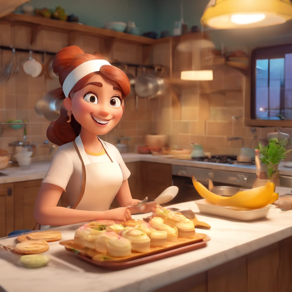 Crie uma cena de desenho animado  estilo 3d -Pixar, Onde uma mulher, de cabelos lisos ruivos com 27 anos de idade, She's cooking dressed as a pastry chef.