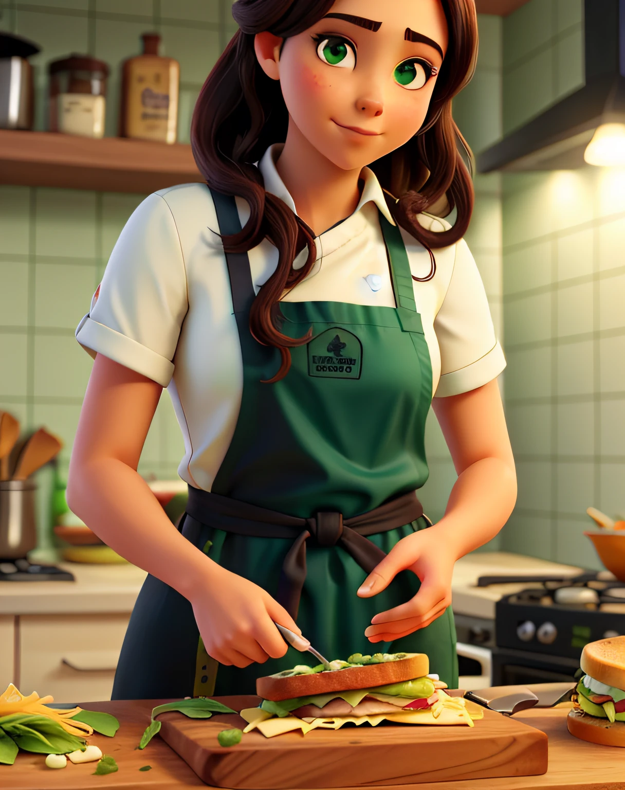 uma chef de cozinha de pele branca, cabelo preto, Making a Sandwich Recipe with Green Greens and Cheese. com avental com o nome "Speciale" estampado