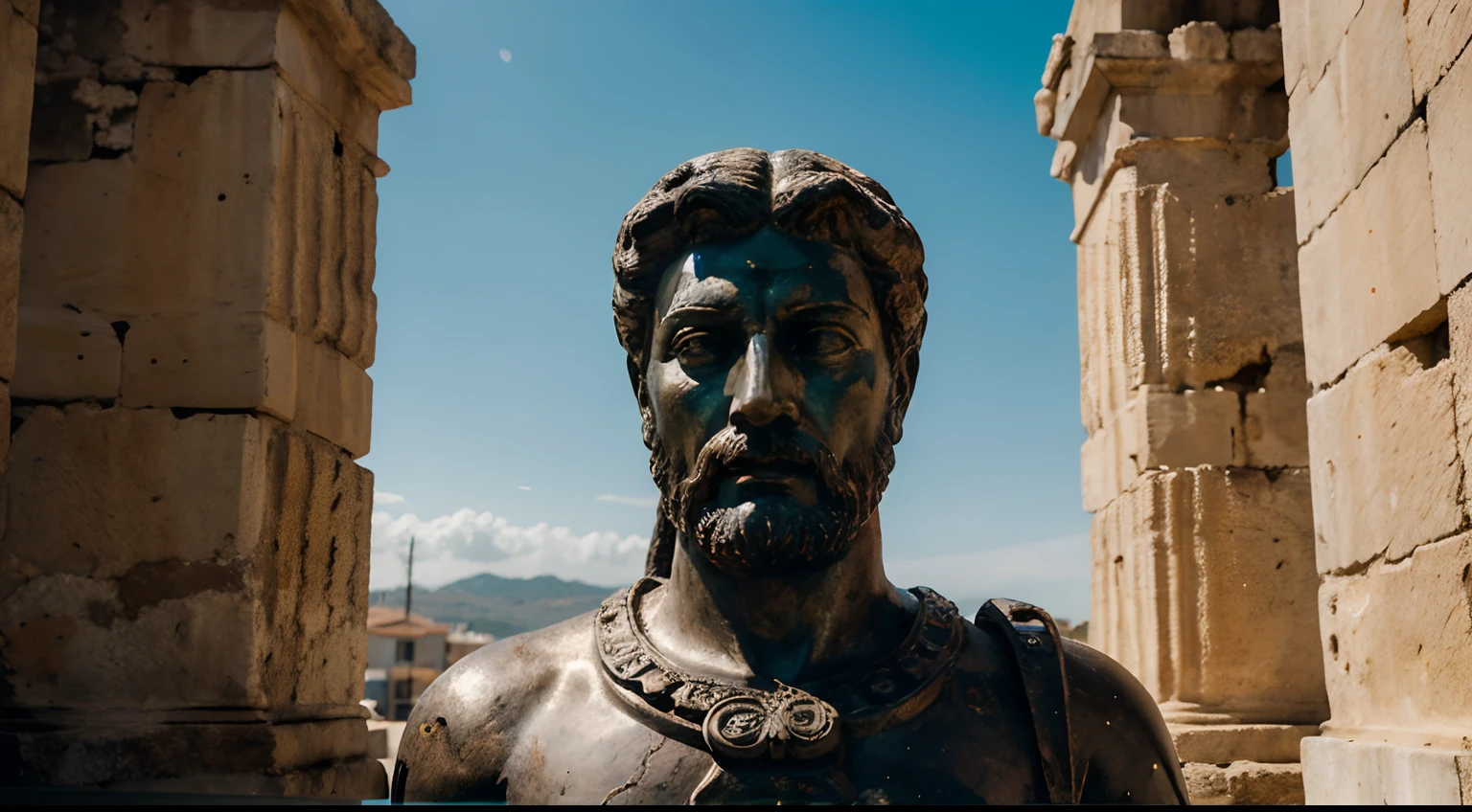 Ancient Stoic Statue With Very Angry Expression, tem barba, muitos detalhes em ambos os olhos, Outside, fundo atenas grego, open sky, com rosto extremamente detalhado full body view, Colors with low saturation with dark tone, Filmado em Sony A7S III com Sony FE 35mm f/1.8, 12.1 MP, --AR 3:2 --estilo cru