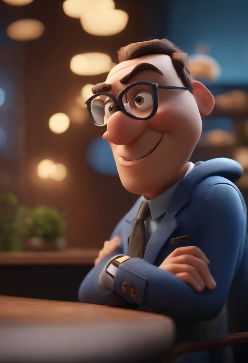 Cartoon character of a man wearing black glasses and a blue shirt, um personagem animado, Caractere estilizado, animation style rendering, 3D estilizado, Arnold Maya render, 3 d render stylized, toon render keyshot, Personagem 3D, Personagem 3D, 3d rendering stylized, 3 d character render, personagem de desenho animado, Personagem de close up, Pose de personagem, (Estilo Pixar) (master part:1.2) (Bokeh) (best quality) (pele detalhada) (textura detalhada) (8k) (argila) (Cinematic lighting) (foco nítido,Senta e vaza a parte superior do corpo