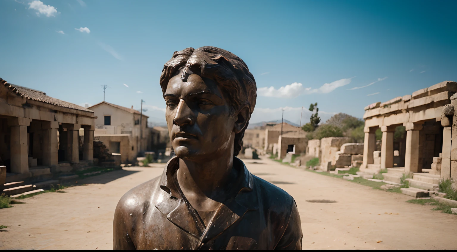 Ancient Stoic Statue With Very Angry Expression, tem barba, muitos detalhes em ambos os olhos, Outside, fundo atenas grego, open sky, com rosto extremamente detalhado full body view, Colors with low saturation with dark tone, Filmado em Sony A7S III com Sony FE 35mm f/1.8, 12.1 MP, --AR 3:2 --estilo cru