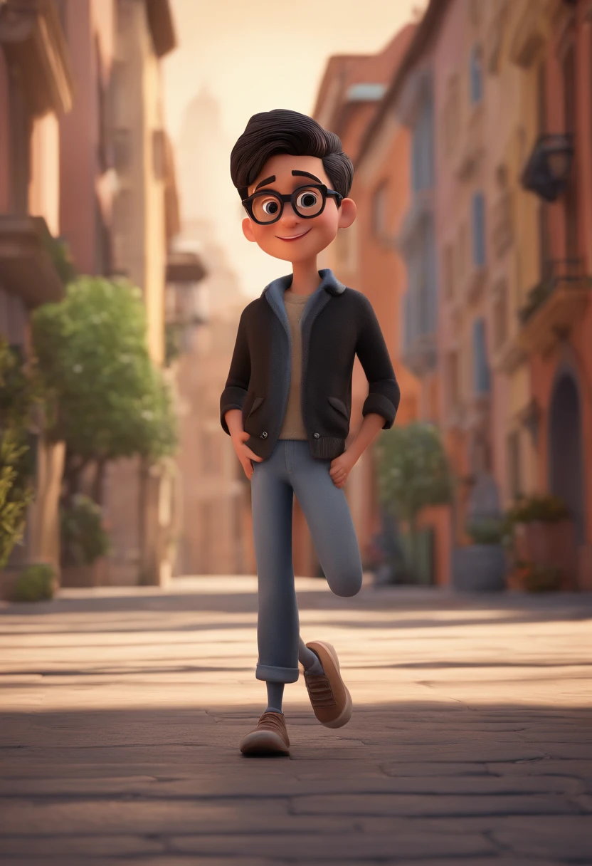 Cartoon character of a boy with black glasses, Black straight short hair, in a street animation character, Caractere estilizado, animation style rendering, 3D estilizado, Arnold Maya render, 3 d render stylized, toon render keyshot, Personagem 3D, Personagem 3D, 3d rendering stylized, 3 d character render, personagem de desenho animado, Personagem de close up, Pose de personagem, (Estilo Pixar) (master part:1.2) (Bokeh) (best quality) (pele detalhada) (textura detalhada) (8k) (argila) (Cinematic lighting) (foco nítido