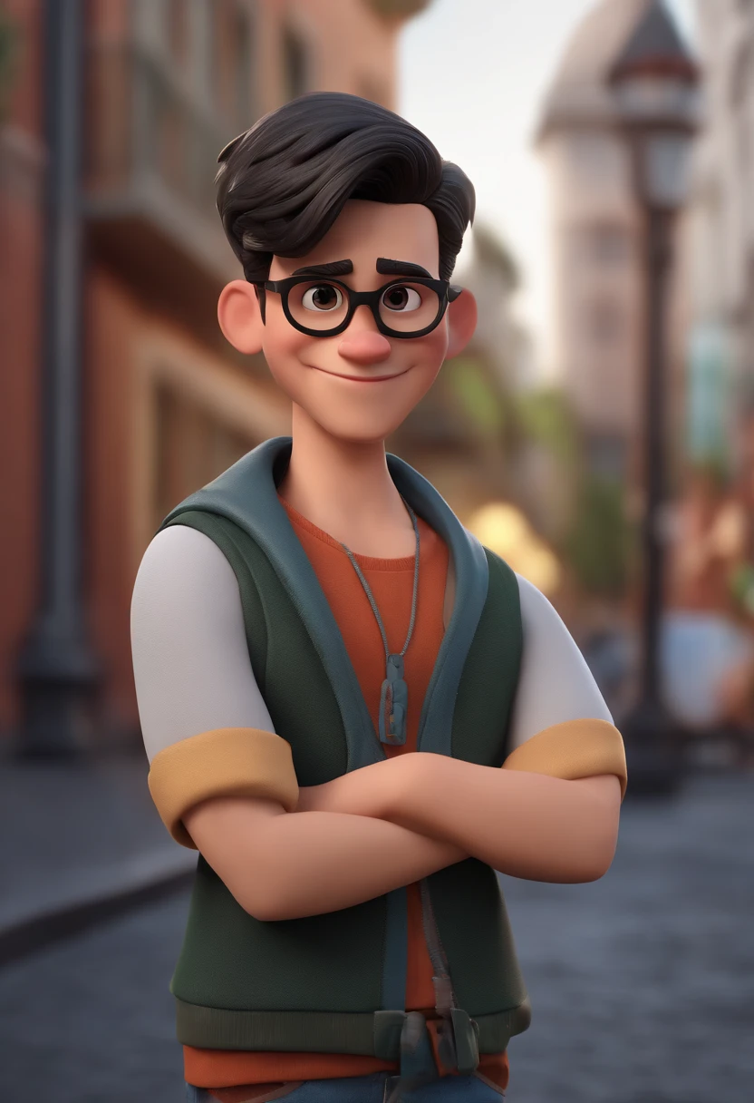 Cartoon character of a boy with black glasses, Black straight short hair, in a street animation character, Caractere estilizado, animation style rendering, 3D estilizado, Arnold Maya render, 3 d render stylized, toon render keyshot, Personagem 3D, Personagem 3D, 3d rendering stylized, 3 d character render, personagem de desenho animado, Personagem de close up, Pose de personagem, (Estilo Pixar) (master part:1.2) (Bokeh) (best quality) (pele detalhada) (textura detalhada) (8k) (argila) (Cinematic lighting) (foco nítido