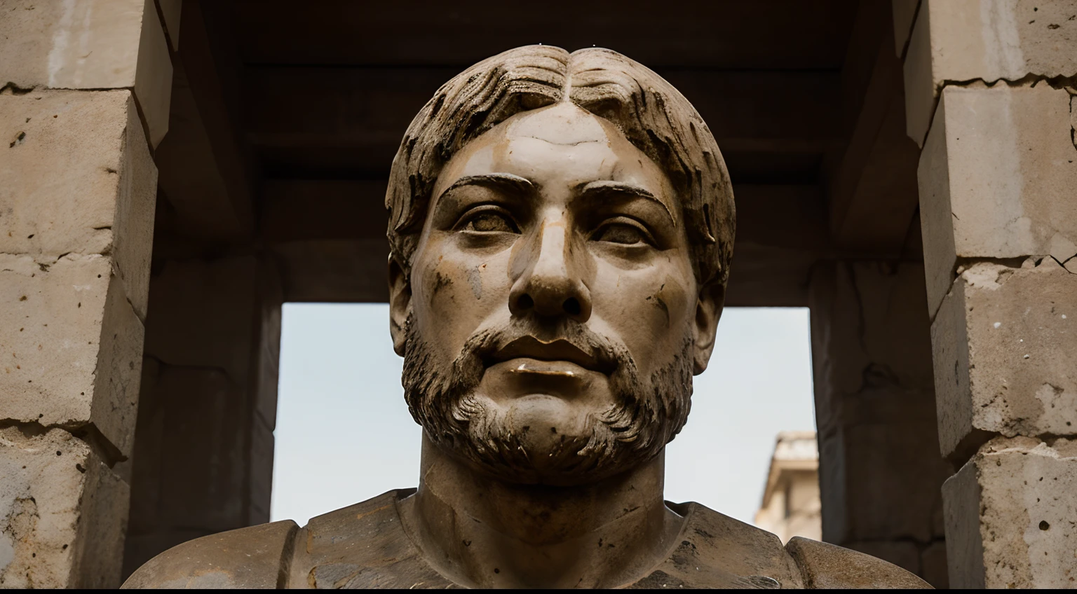Ancient Stoic Statue With Very Angry Expression, tem barba, muitos detalhes em ambos os olhos, Outside, fundo atenas grego, open sky, com rosto extremamente detalhado full body view, Colors with low saturation with dark tone, Filmado em Sony A7S III com Sony FE 35mm f/1.8, 12.1 MP, --AR 3:2 --estilo cru
