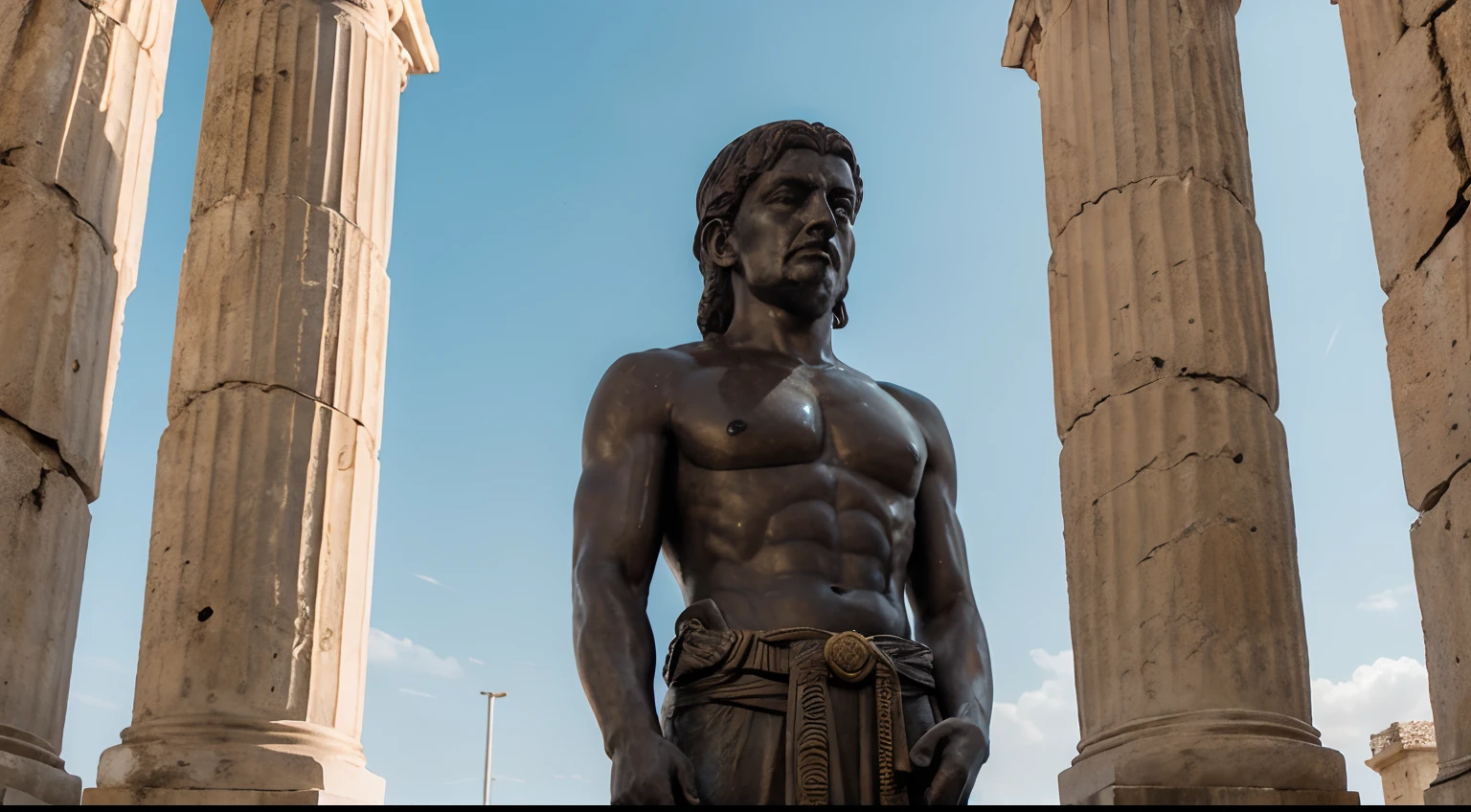 Ancient Stoic Statue With Very Angry Expression, tem barba, muitos detalhes em ambos os olhos, Outside, fundo atenas grego, open sky, com rosto extremamente detalhado full body view, Colors with low saturation with dark tone, Filmado em Sony A7S III com Sony FE 35mm f/1.8, 12.1 MP, --AR 3:2 --estilo cru